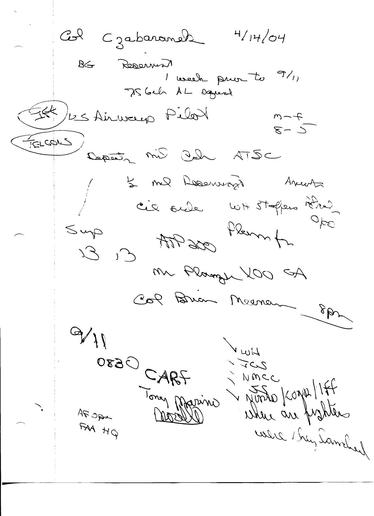 T8 B1 FAA Command Center Col Czabaranek Fdr- 4-14-04 Interview- Handwritten Notes by Unknown