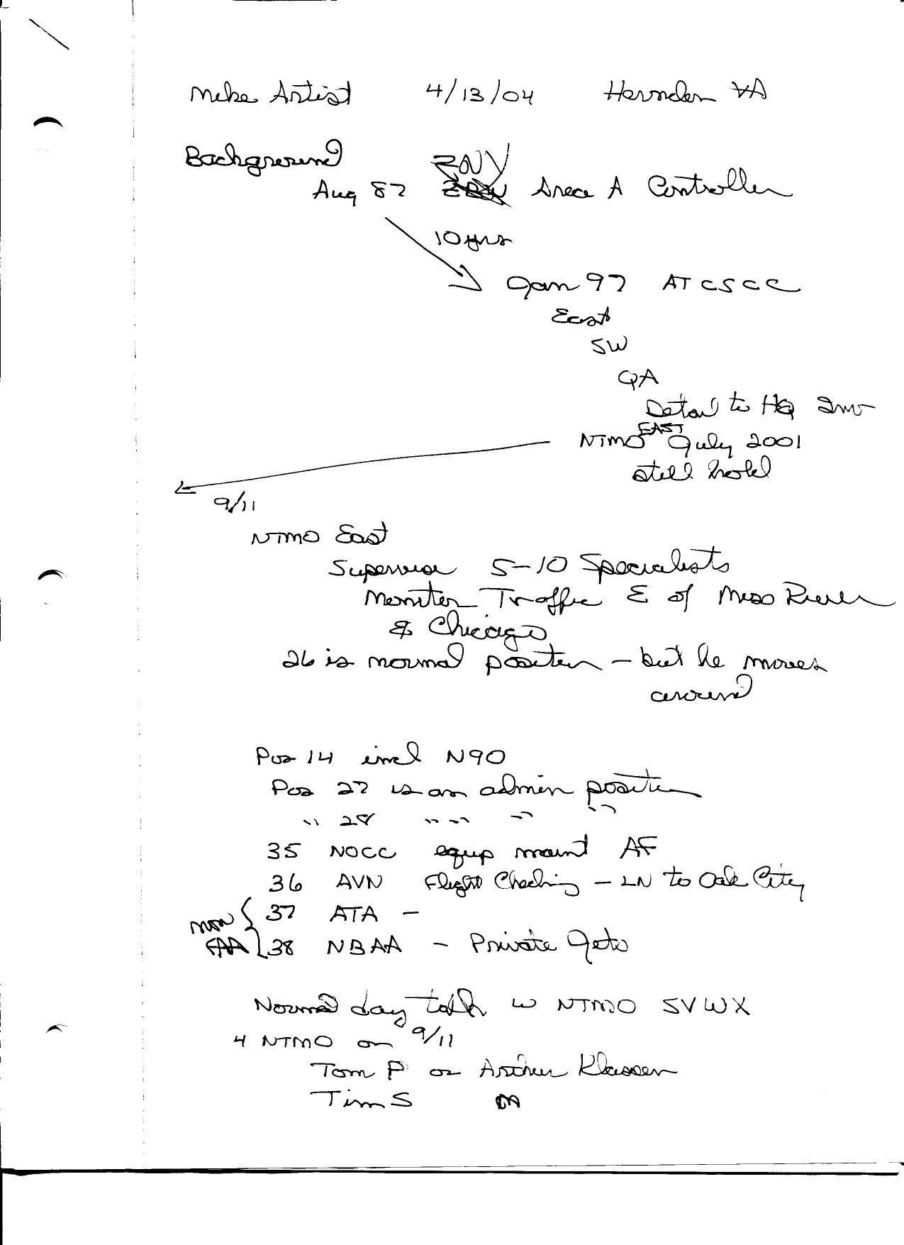 T8 B1 FAA Command Center Mike Artist Fdr- 4-13-04 Interview- Handwritten Notes by Unknown