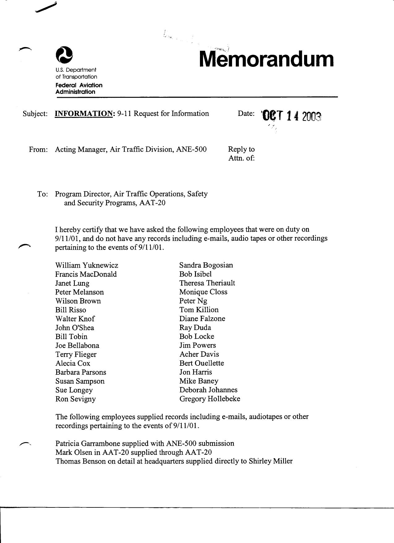 T8 B15 FAA Subpoena Compendium Fdr- DOT FAA- Manager Certification of Request for Records from Employees (Personnel list) by Unknown