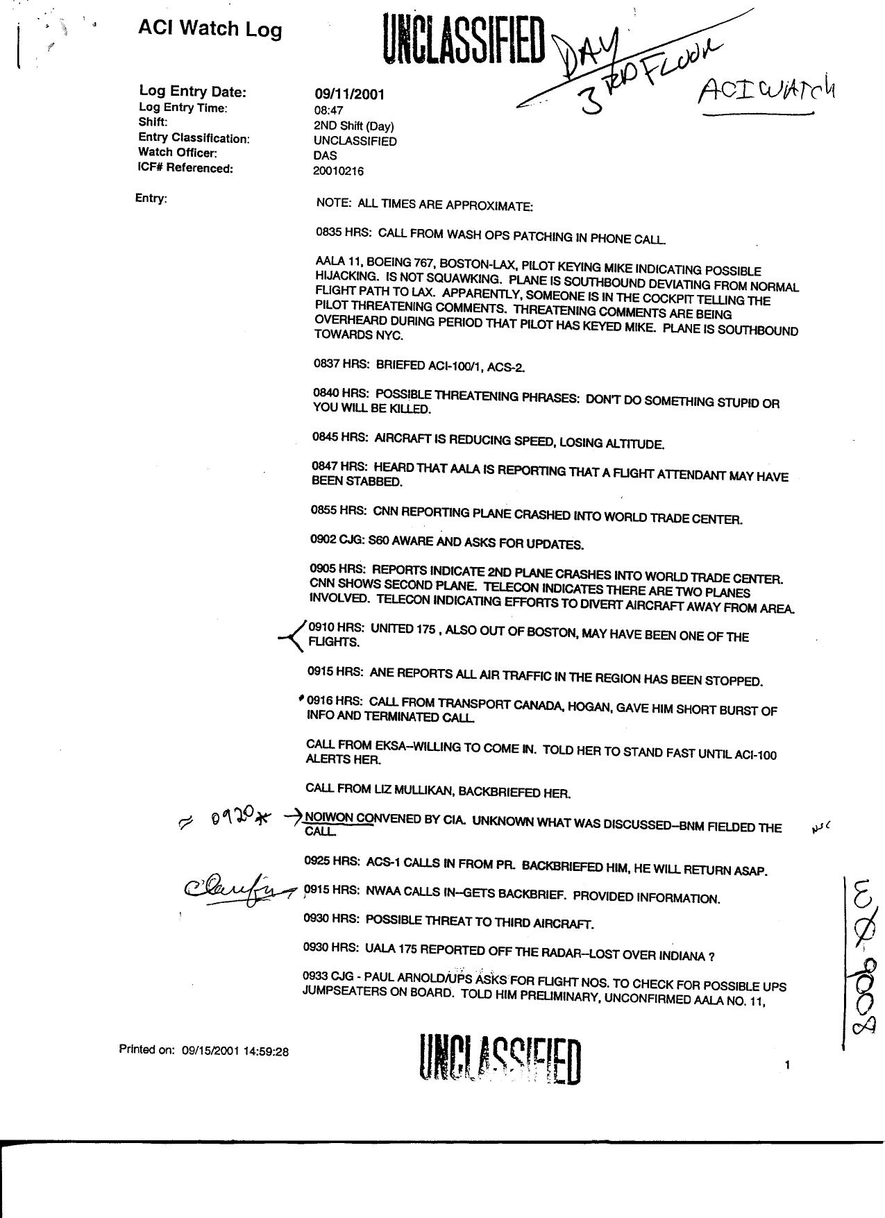 T8 B19 HQ FAA 3 of 3 Fdr- ACI Watch Log 911- pg 3- London Reporting UBL Claimed Responsibility by Unknown