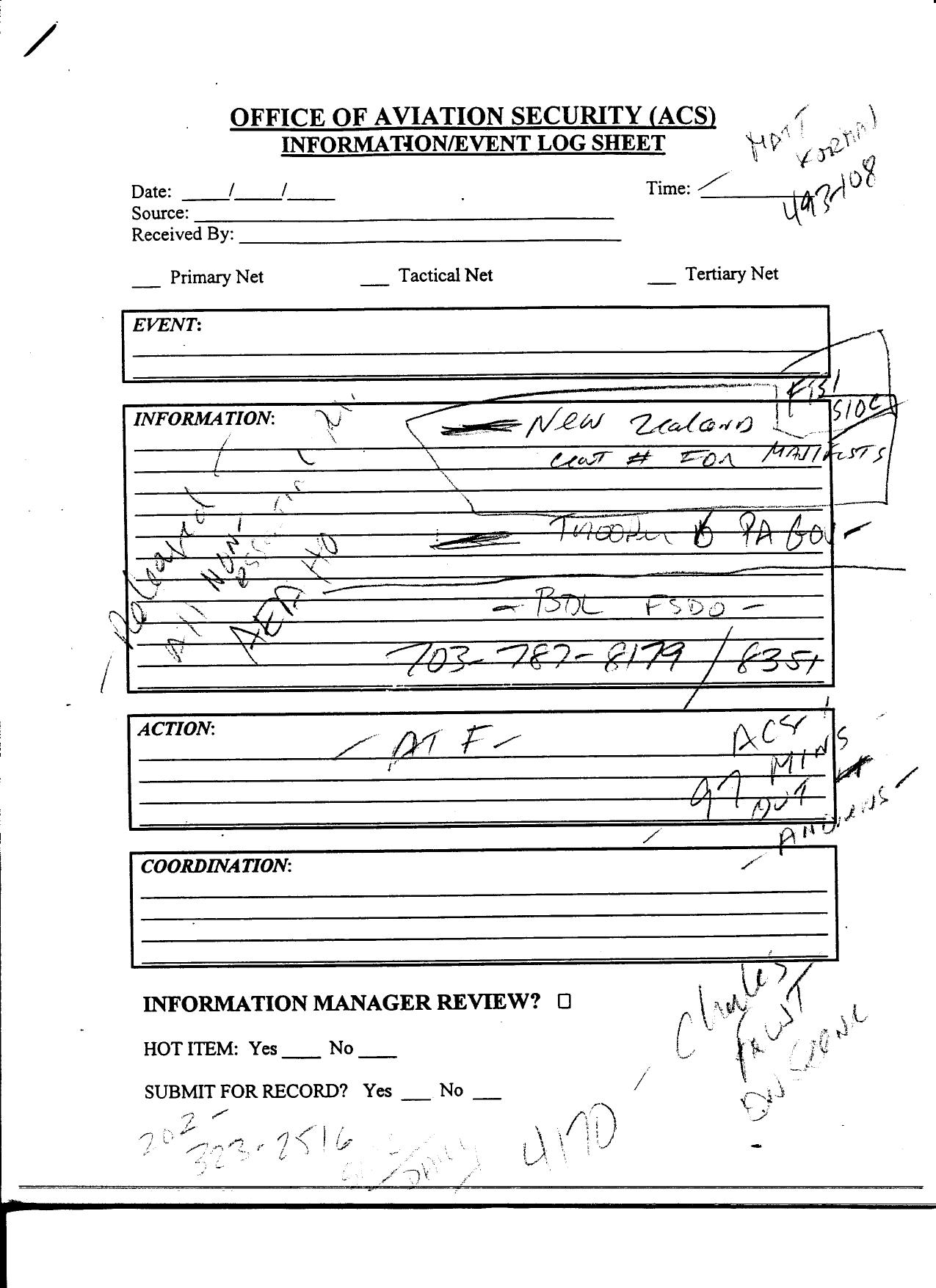 T8 B19 HQ FAA 3 of 3 Fdr- Office of Aviation Security- Info-Event Log Sheet- Roll Call on Tactical Net by Unknown