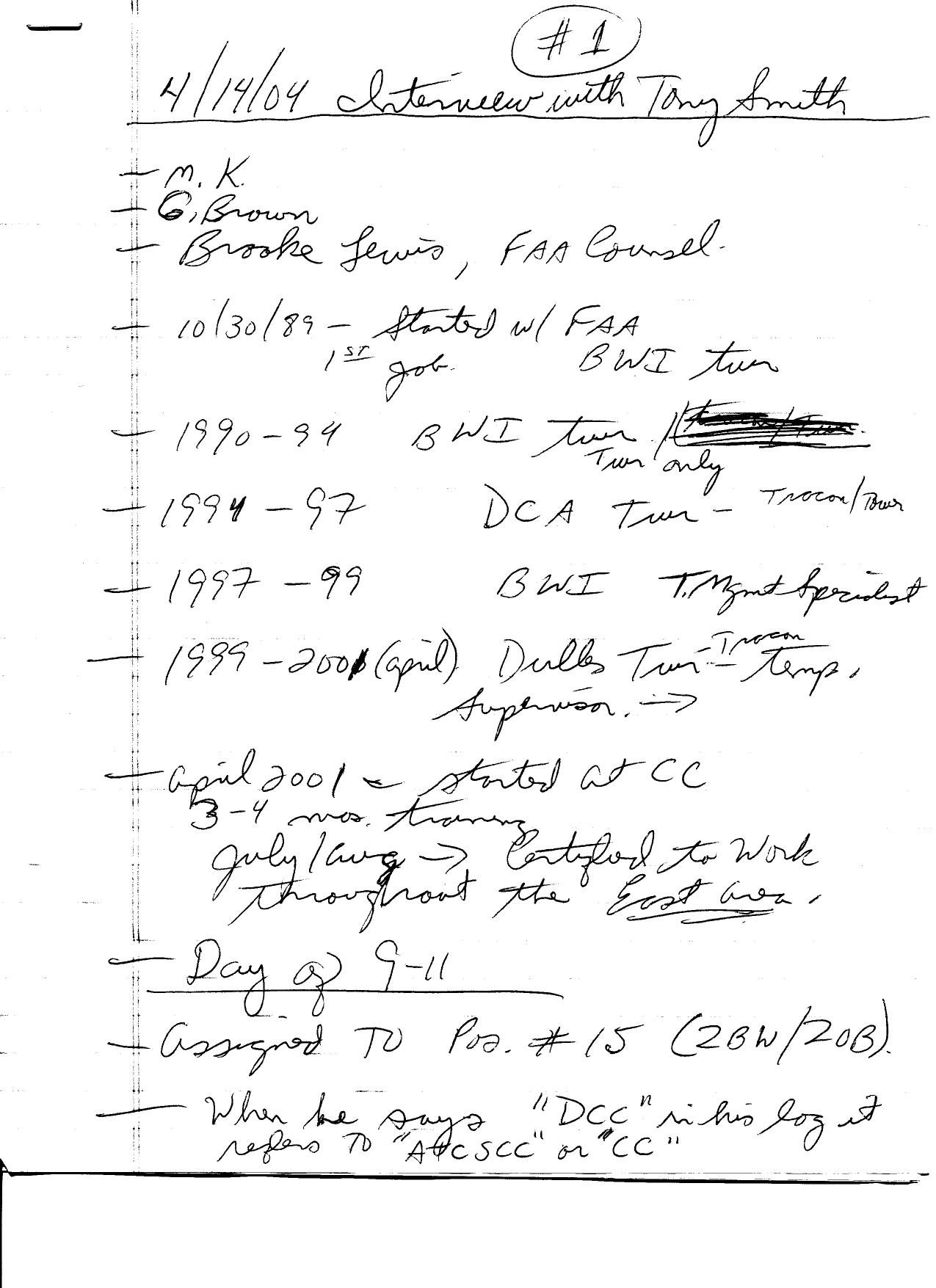 T8 B2 FAA Command Center Anthony Smith Fdr- 4-14-04 Handwritten Interview Notes by Unknown