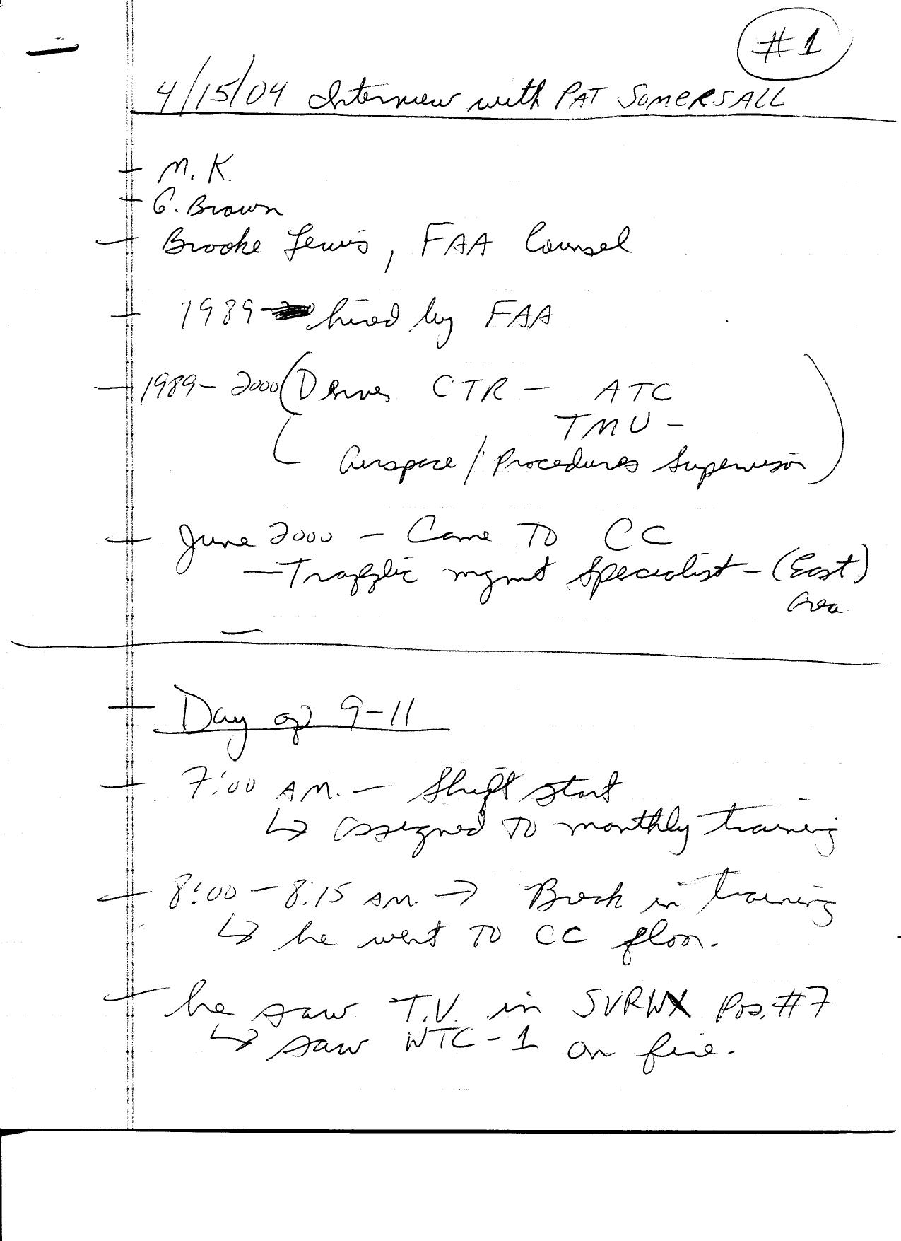 T8 B2 FAA Command Center Pat Somersall Fdr- 4-15-04 Handwritten Interview Notes by Unknown