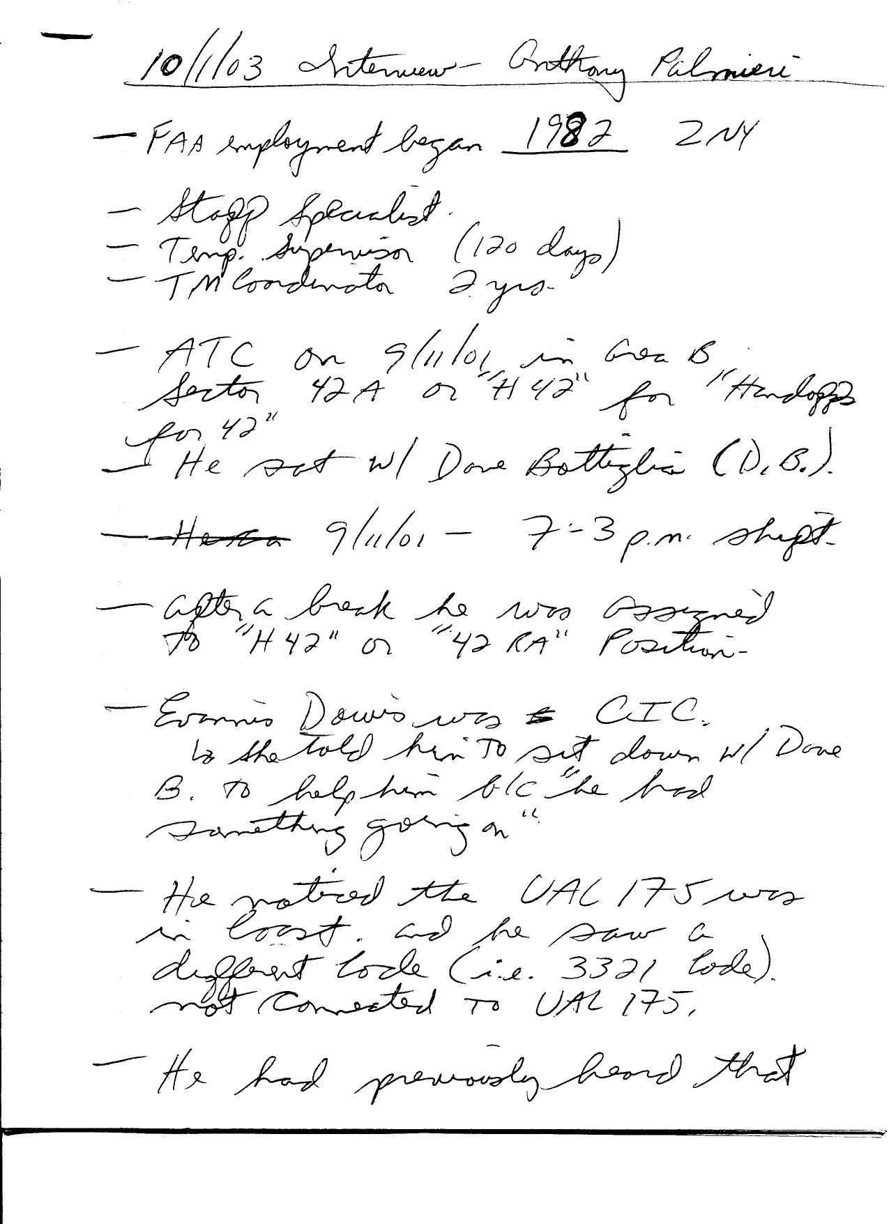 T8 B2 FAA NY Center Anthony Palmieri Fdr- Handwritten Notes- pre 911 no radio and course deviation does not indicate hijack- particpated in military exercises by Unknown