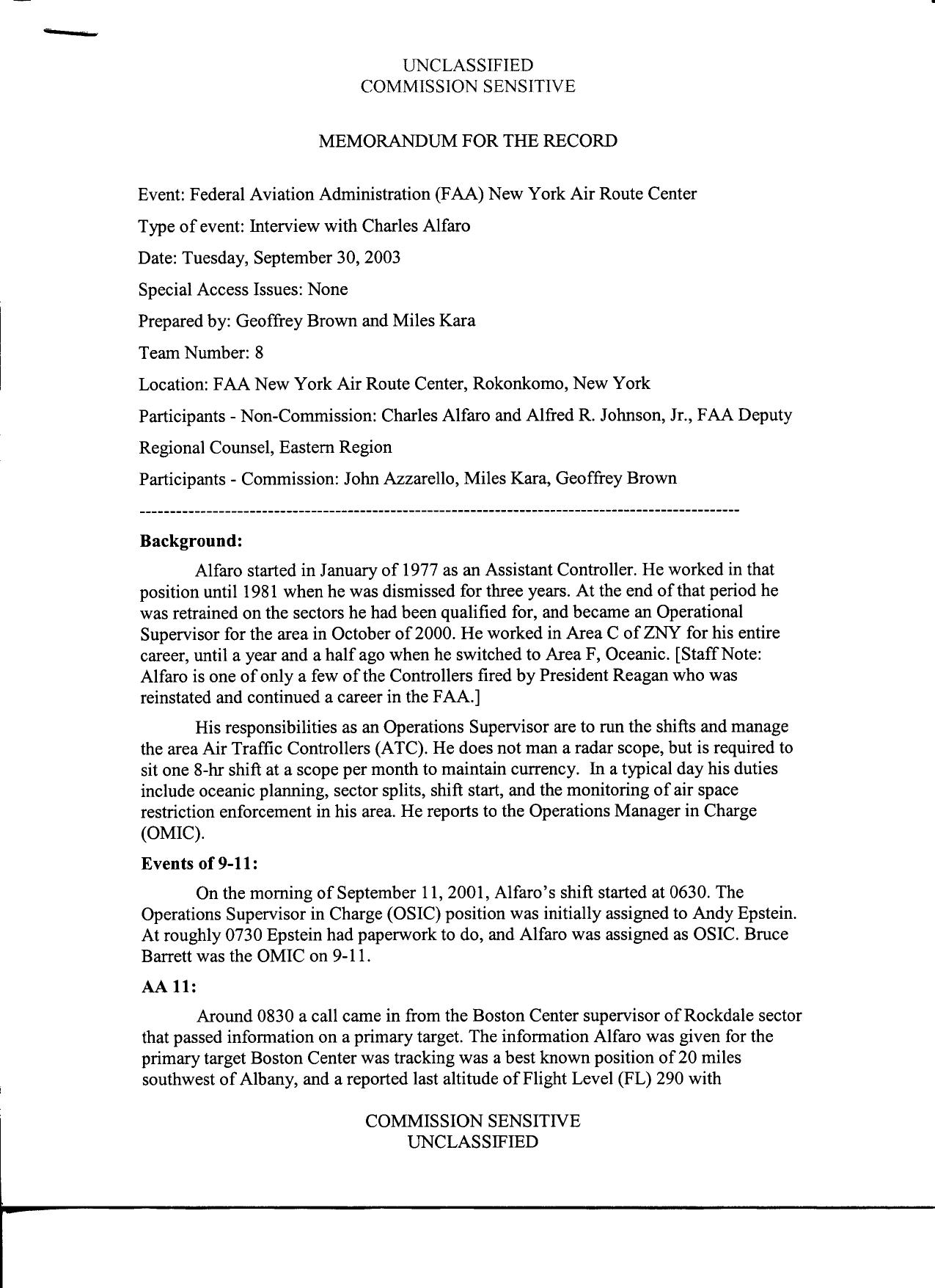 T8 B2 FAA NY Center Charles Alfaro Fdr- Unclassified and Classification MFRs and Notes- ZBW had not requested military assistance by Unknown