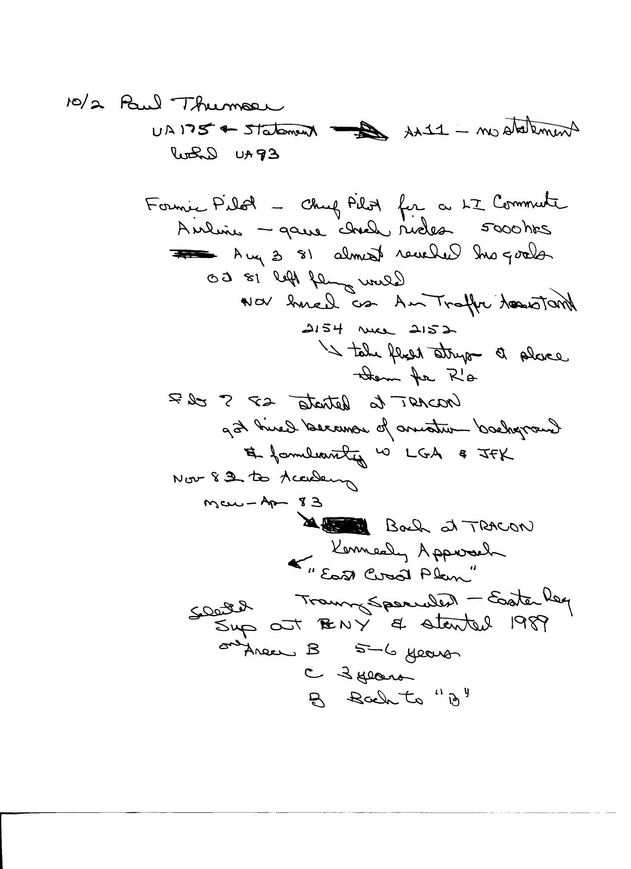T8 B2 FAA NY Center Paul Thumser Fdr- 10-2-03 Handwritten Notes- Hijack to Cuba- Payne Stewart- WH Shootdown- Unconfirmed Hijacking- Never Planes Weapons by Unknown