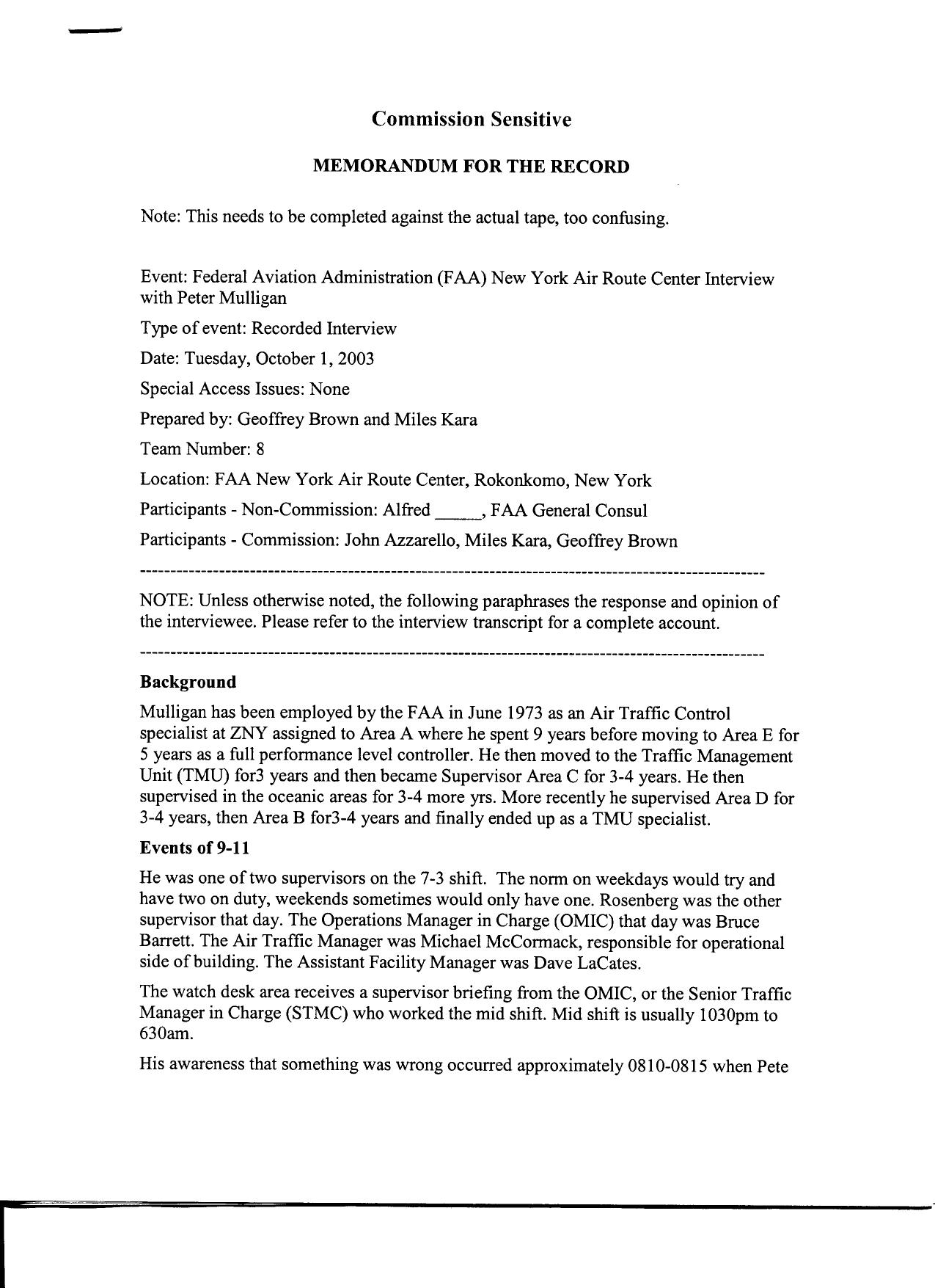 T8 B2 FAA NY Center Peter Mulligan Fdr- 10-1-03 MFR- Military Assistance Requested from Felser by Unknown