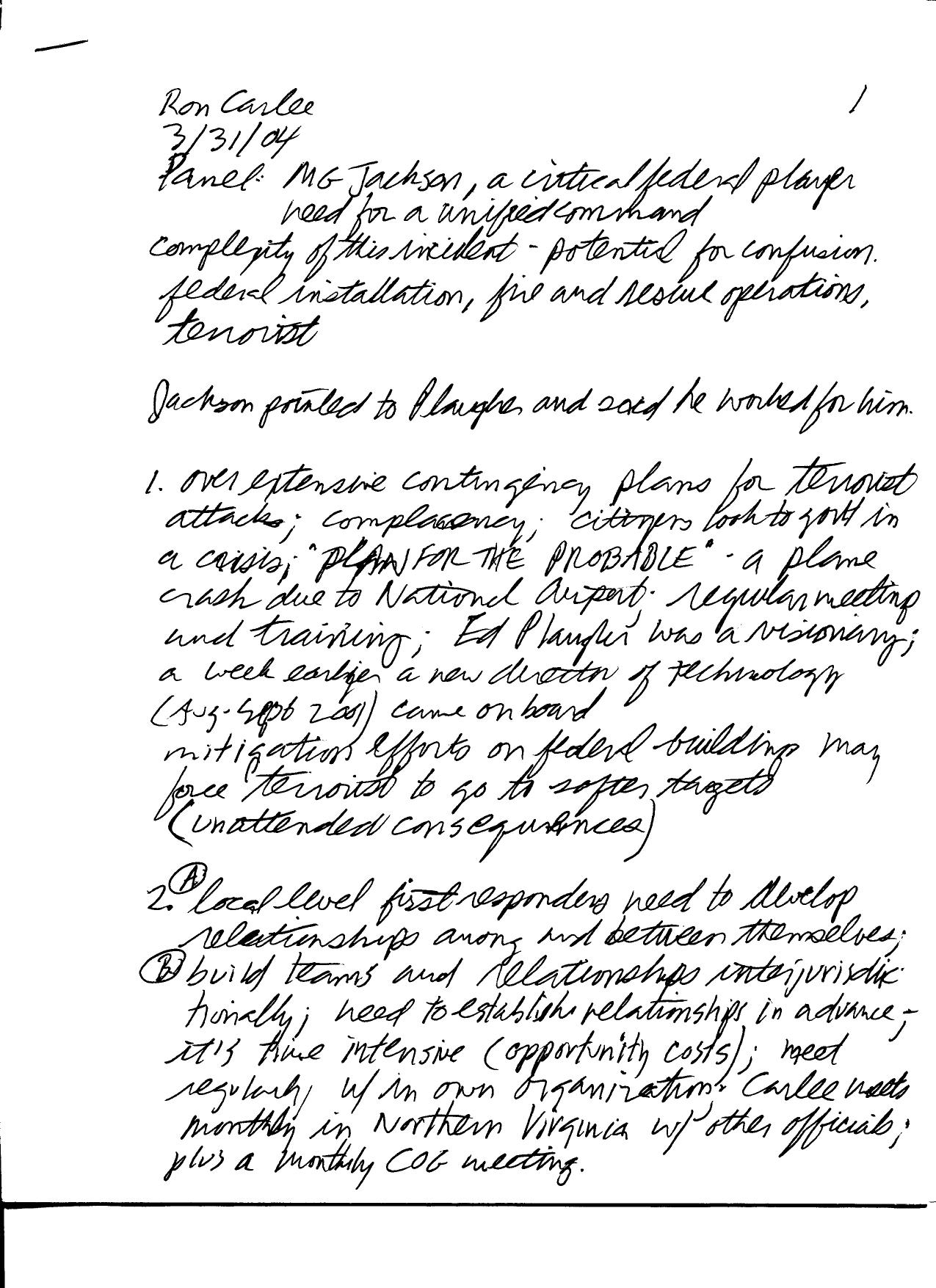 T8 B22 Response at the Pentagon Fdr- 3-31-04 Ron Carlee- Interview Questions and Notes by Unknown