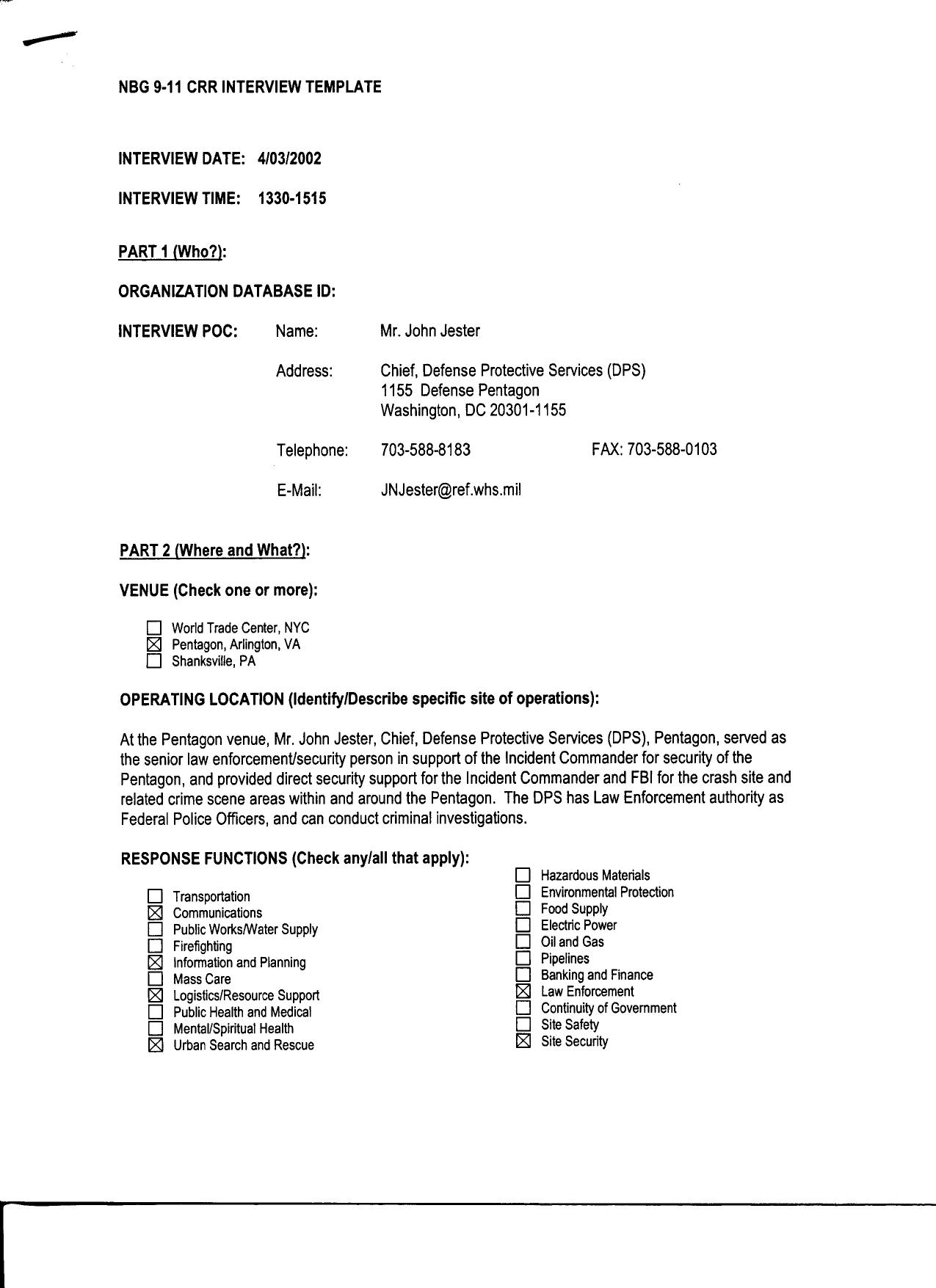 T8 B22 Response at the Pentagon Fdr- 4-3-02 John Jester- DPS- Interview by Unknown