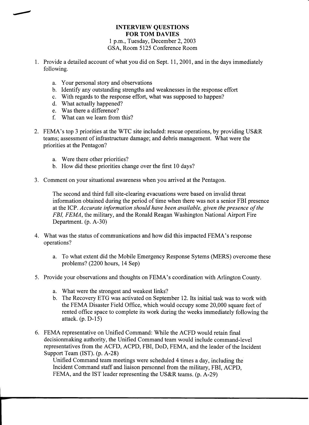 T8 B22 Response at the Pentagon Fdr- Interview Questions for Tom Davies 291 by Unknown