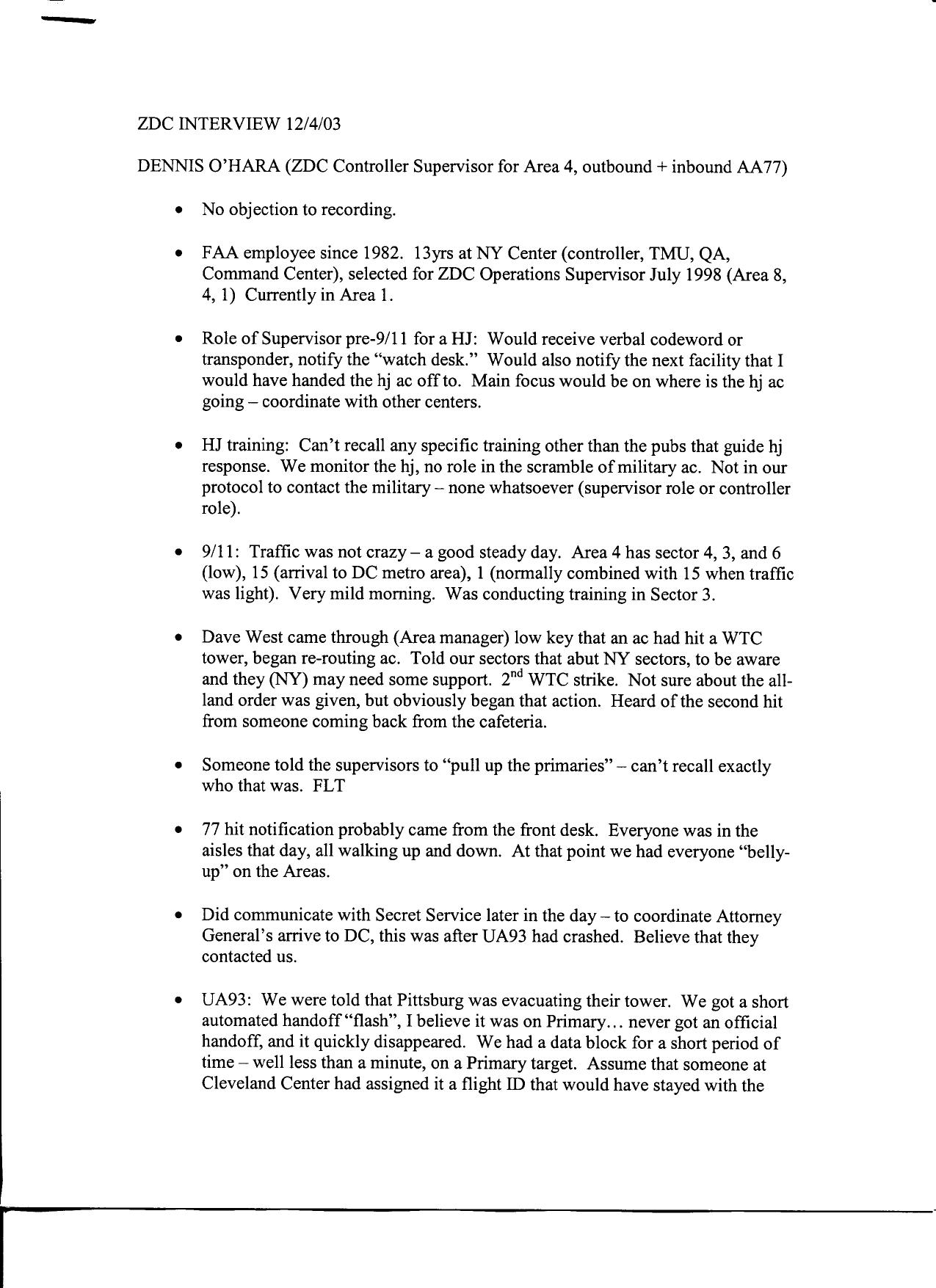 T8 B5 FAA Wash Center Dennis OHara Fdr- Typed and Handwritten Notes- Not in protocal to contact military by Unknown