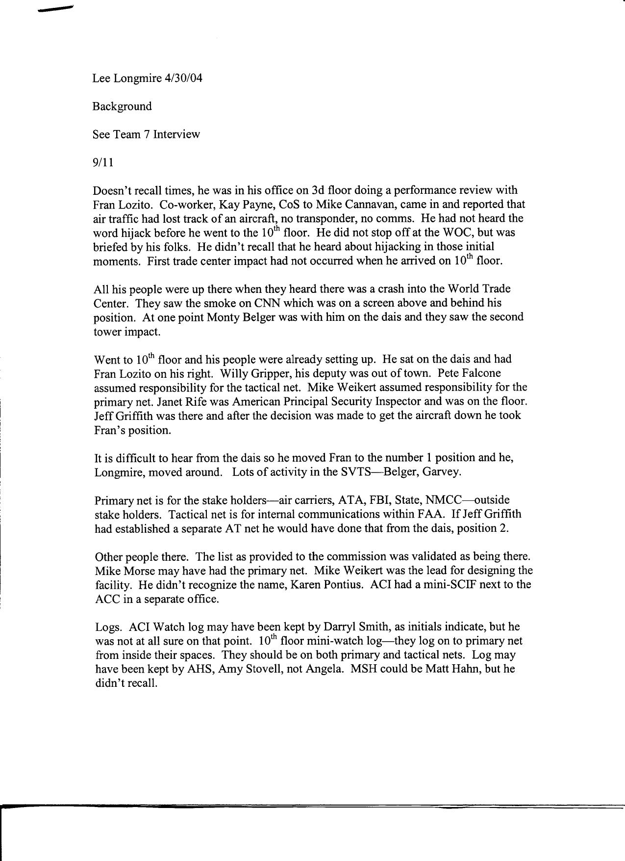 T8 B6 FAA HQ Lee Longmire Fdr- Typed Interview Notes- FAA 285 by Unknown