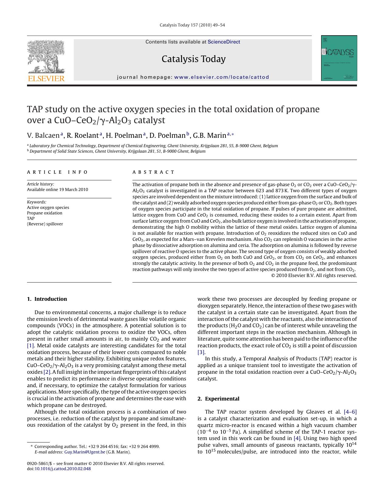 TAP study on the active oxygen species in the total oxidation of propane over a CuOÃ¢â¬âCeO2ÃÂ³-Al2O3 catalyst by V. Balcaen