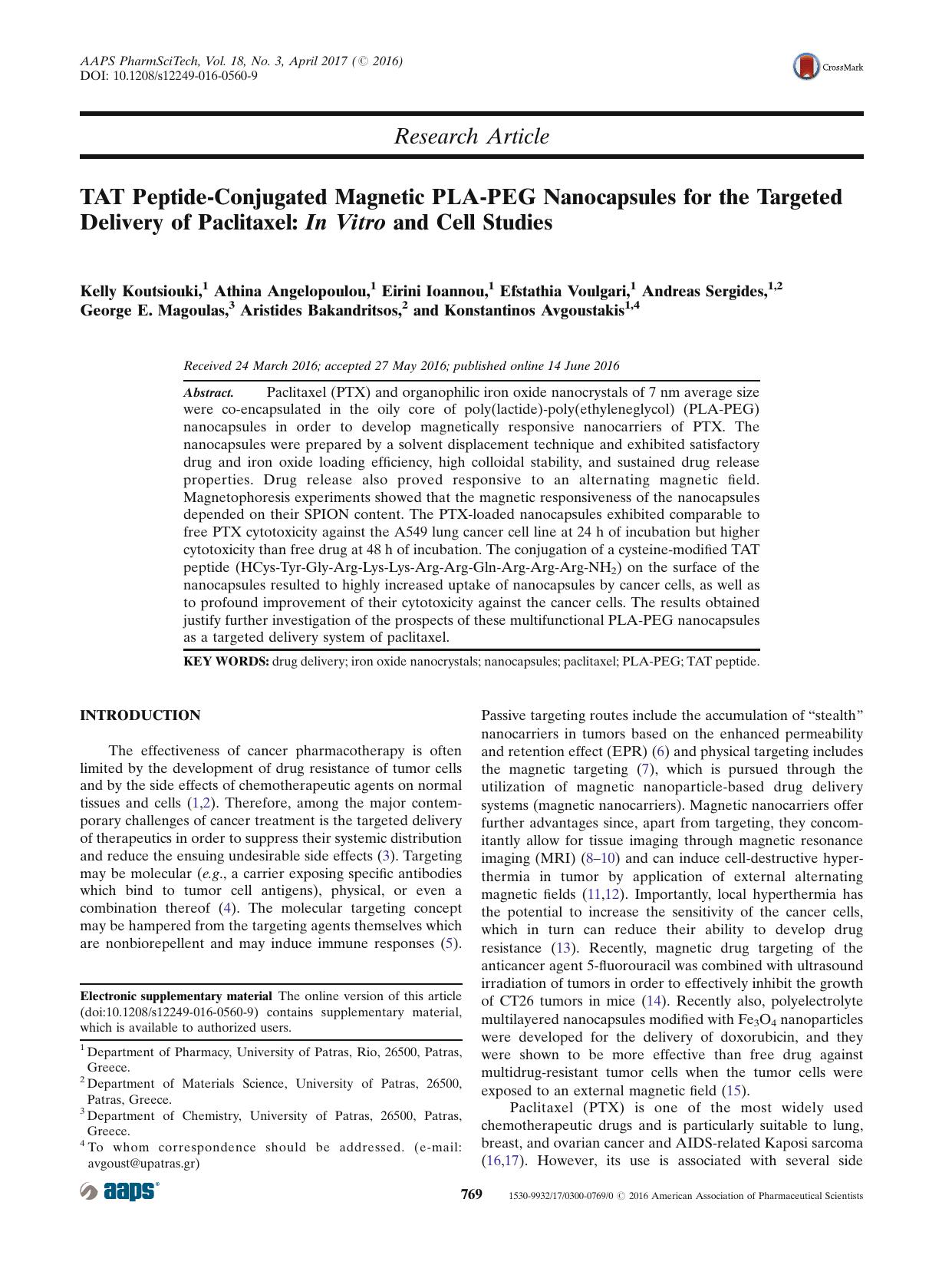 TAT Peptide-Conjugated Magnetic PLA-PEG Nanocapsules for the Targeted Delivery of Paclitaxel: In Vitro and Cell Studies by unknow