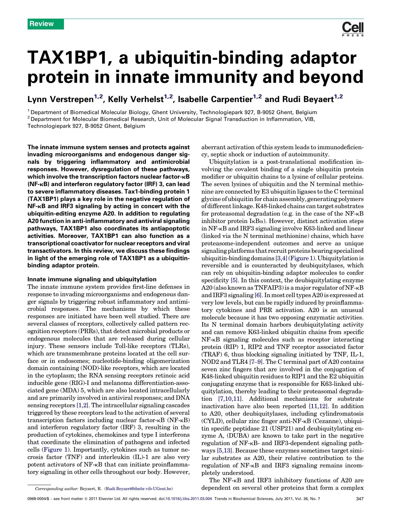 TAX1BP1, a ubiquitin-binding adaptor protein in innate immunity and beyond by Lynn Verstrepen
