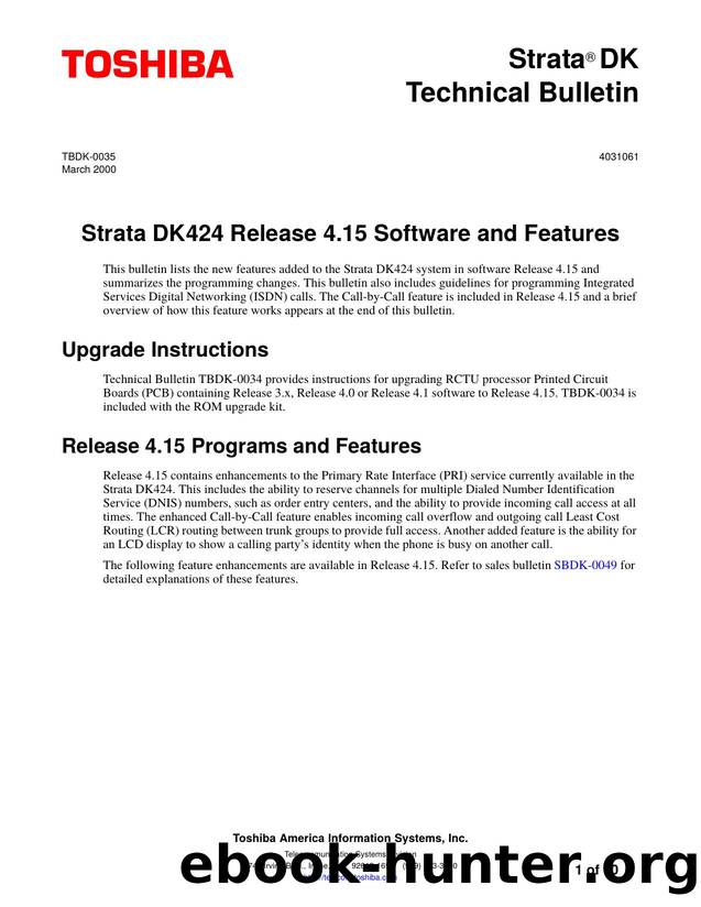 TBDK-0035: Strata DK424 Release 4.15 Software and Features by Toshiba TSD
