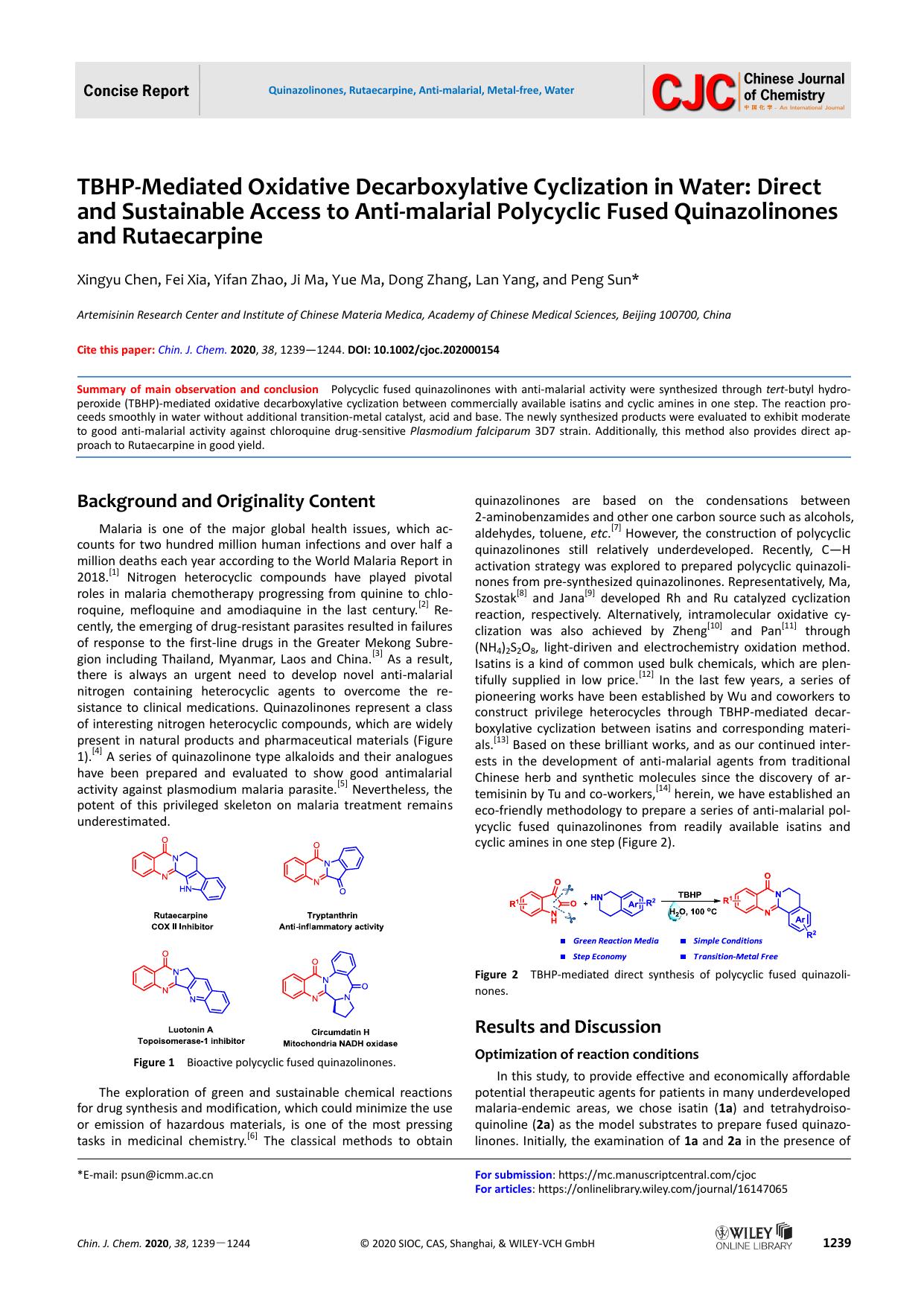 TBHP-Mediated Oxidative Decarboxylative Cyclization in Water: Direct and Sustainable Access to Anti-malarial Polycyclic Fused Quinazolinones and Rutaecarpine by unknown