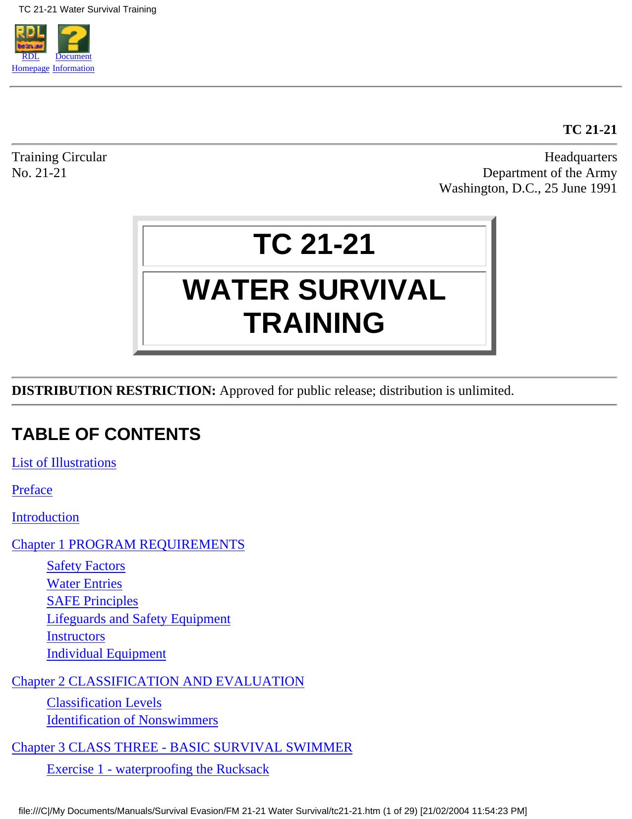 TC 21-21 Water Survival Training by 25 june 1991