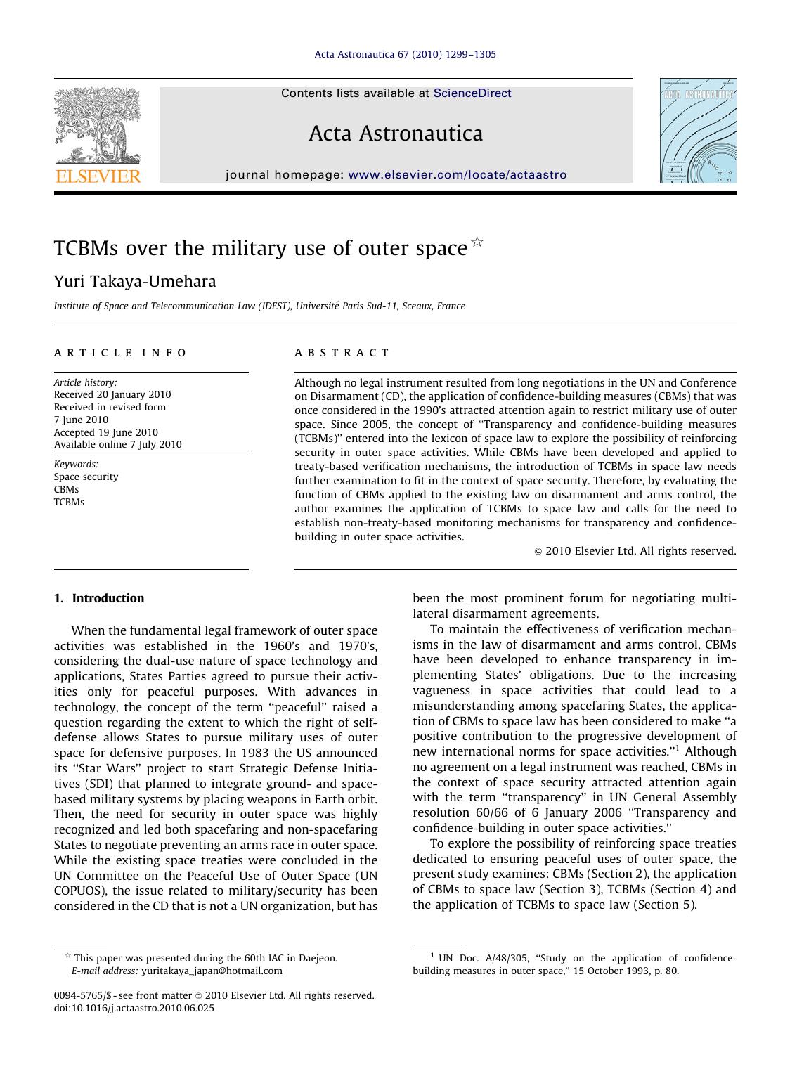 TCBMs over the military use of outer space by Yuri Takaya-Umehara