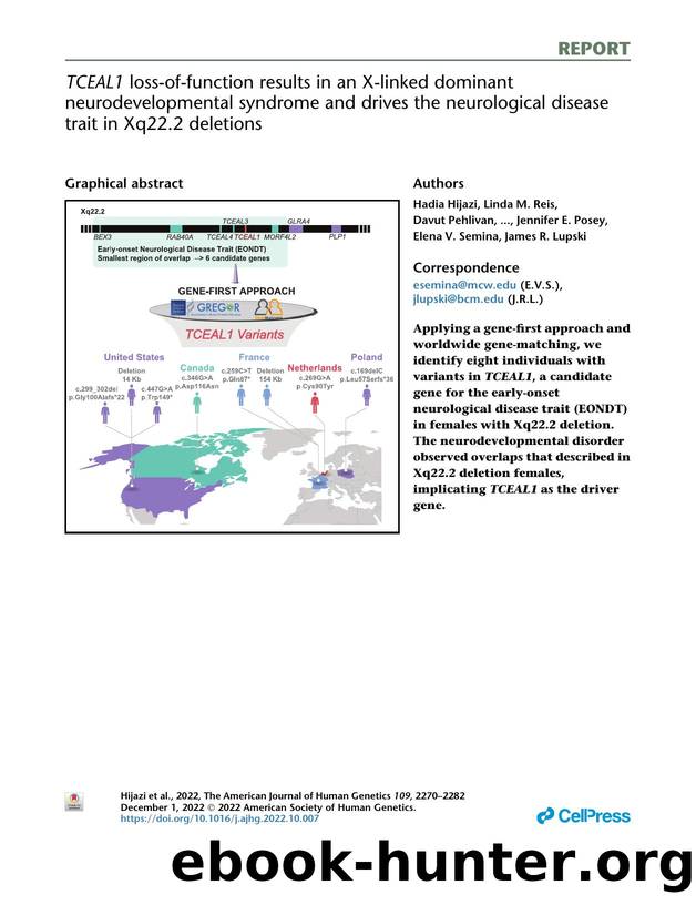 TCEAL1 loss-of-function results in an X-linked dominant neurodevelopmental syndrome and drives the neurological disease trait in Xq22.2 deletions by unknow