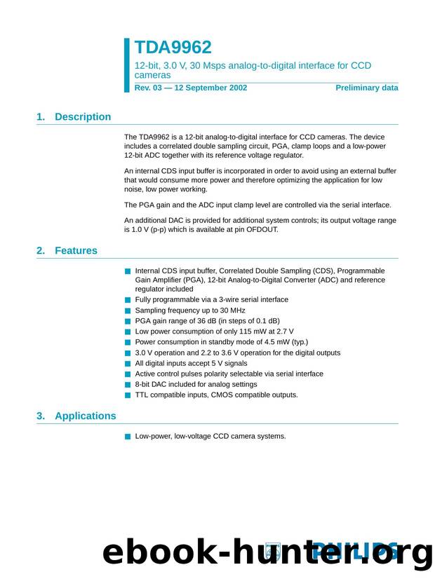 TDA9962 12-bit, 3.0 V, 30 Msps analog-to-digital interface for CCD cameras by Philips Semiconductors