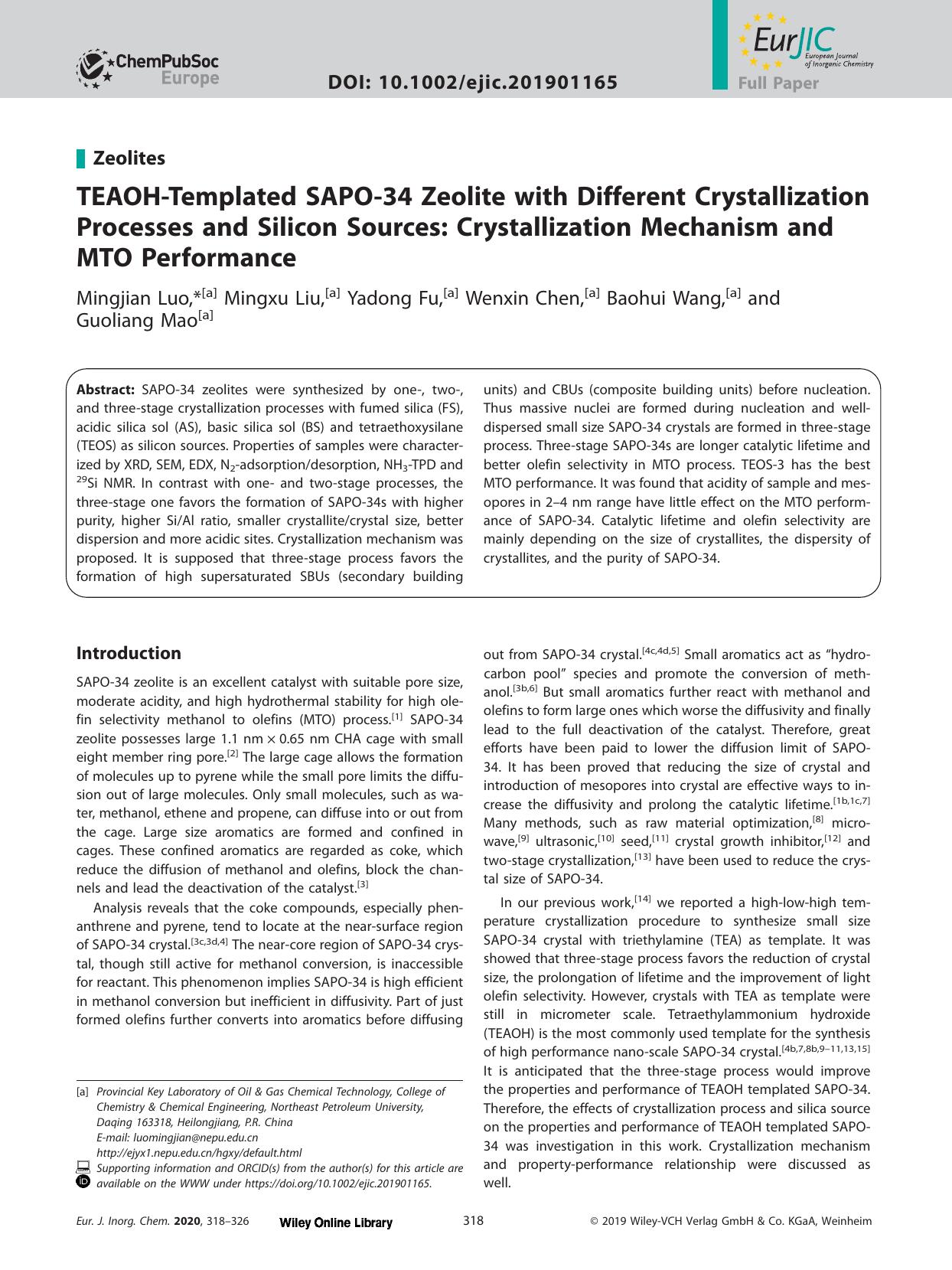 TEAOH‐Templated SAPO‐34 Zeolite with Different Crystallization Processes and Silicon Sources: Crystallization Mechanism and MTO Performance by Unknown