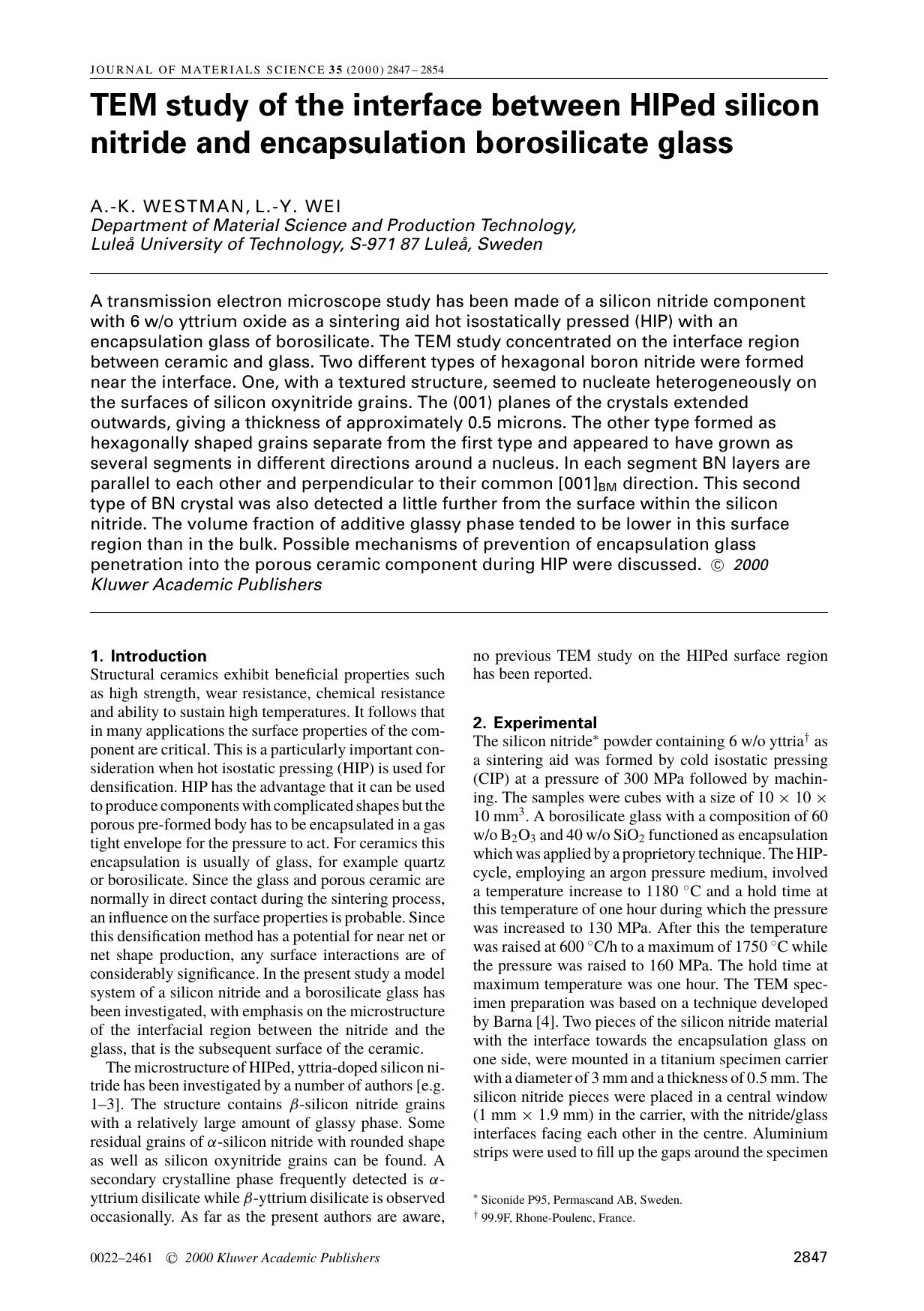TEM study of the interface between HIPed silicon nitride and encapsulation borosilicate glass by Unknown