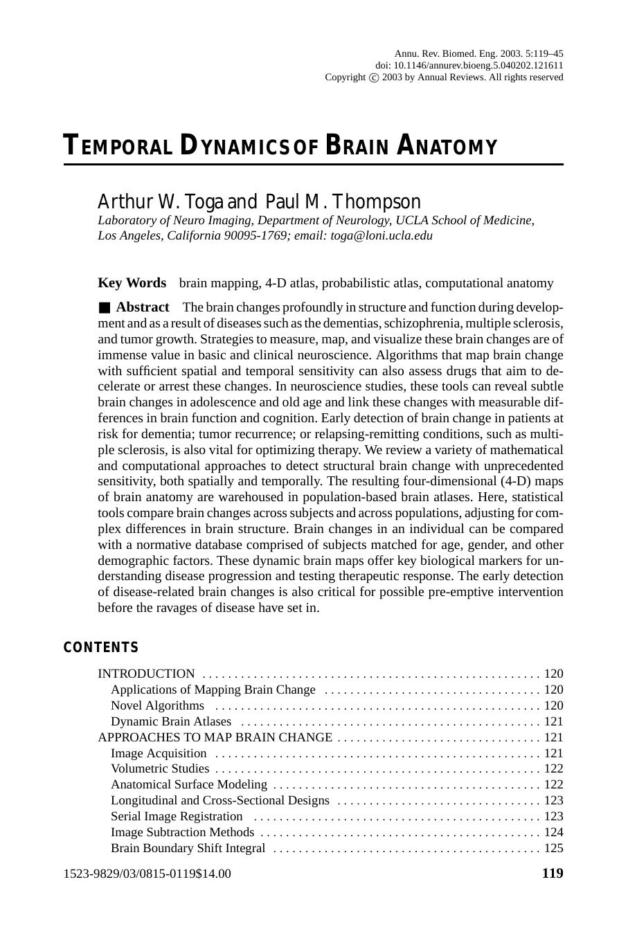 TEMPORAL DYNAMICS OF BRAIN ANATOMY by Arthur W. Toga and Paul M. Thompson