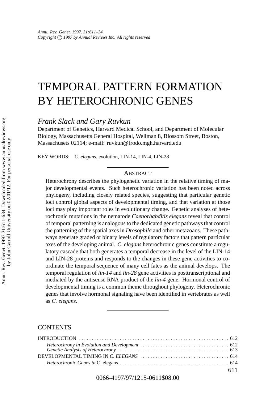TEMPORAL PATTERN FORMATION BY HETEROCHRONIC GENES by Frank Slack & Gary Ruvkun