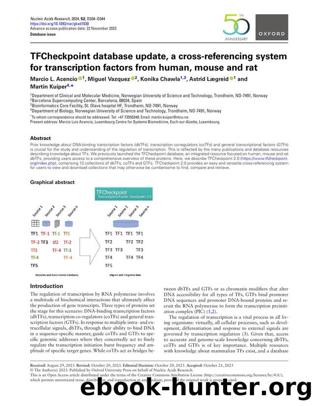 TFCheckpoint database update, a cross-referencing system for transcription factors from human, mouse and rat by Marcio L Acencio & Miguel Vazquez & Konika Chawla & Astrid Lægreid & Martin Kuiper