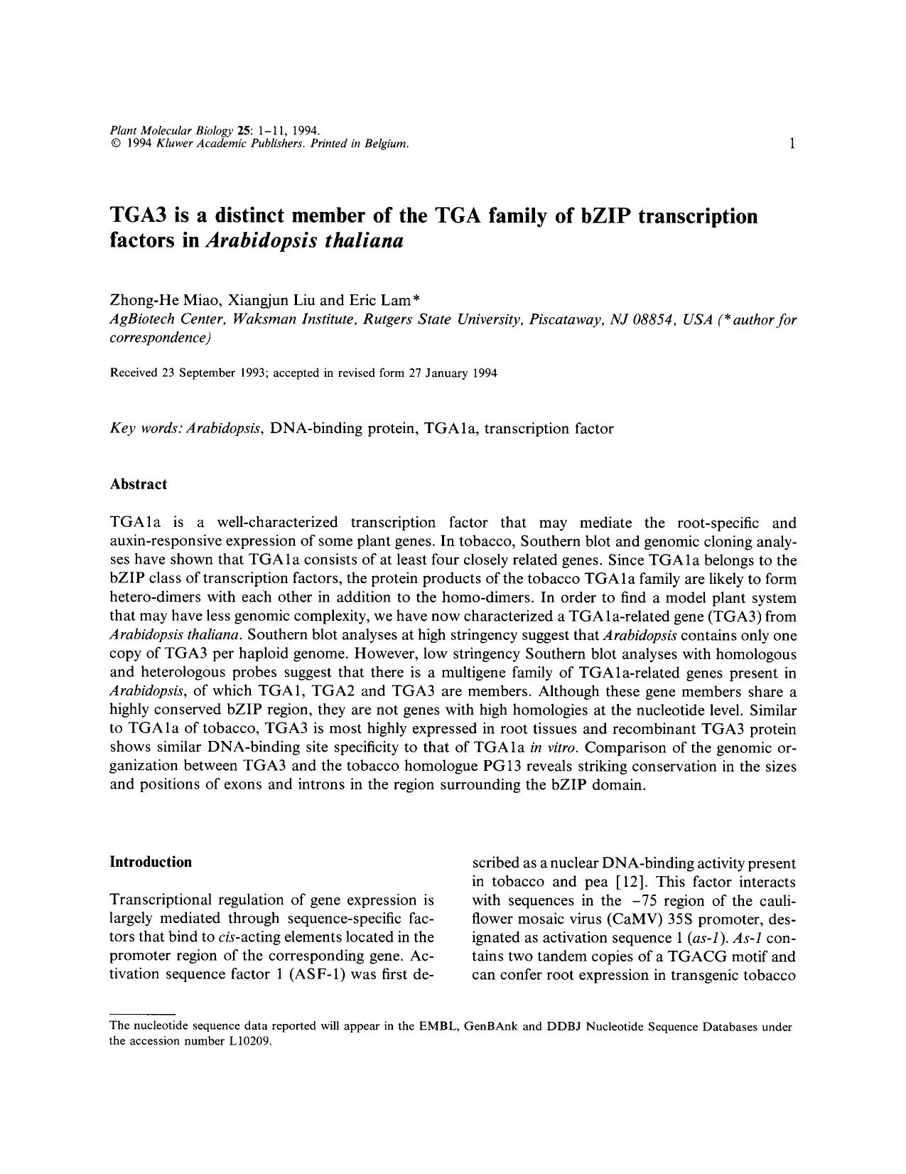 TGA3 is a distinct member of the TGA family of bZIP transcription factors in <Emphasis Type="Italic">Arabidopsis thaliana <Emphasis> by Unknown