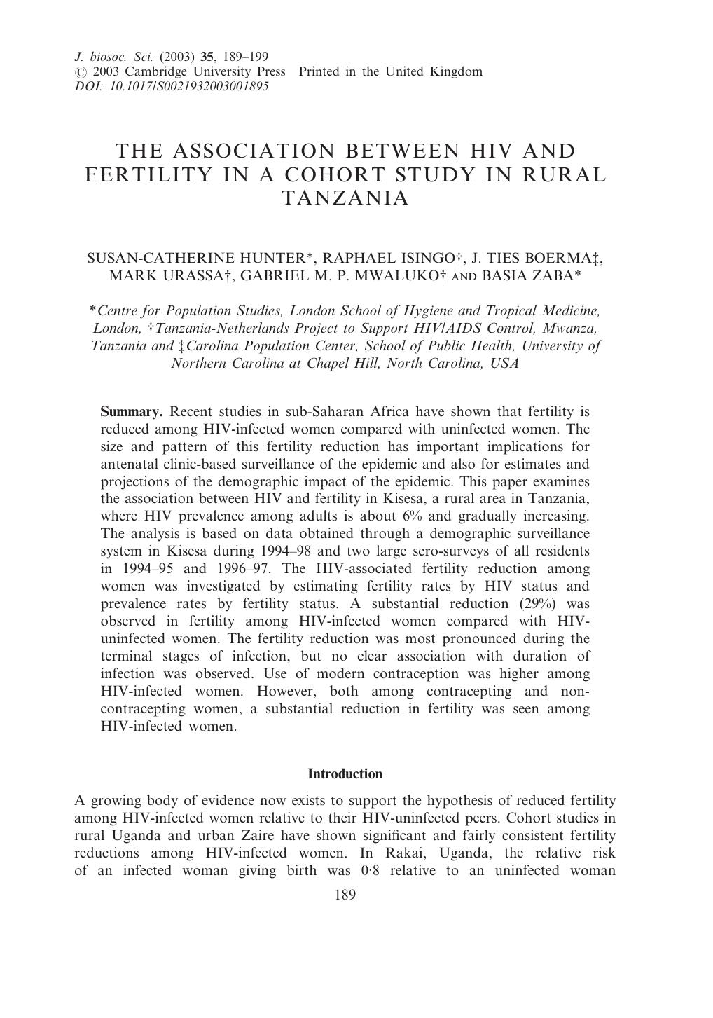 THE ASSOCIATION BETWEEN HIV AND FERTILITY IN A COHORT STUDY IN RURAL TANZANIA by unknow