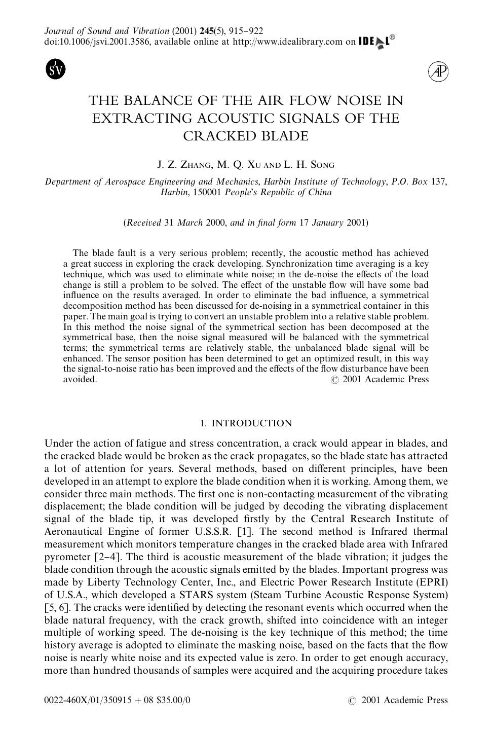 THE BALANCE OF THE AIR FLOW NOISE IN EXTRACTING ACOUSTIC SIGNALS OF THE CRACKED BLADE by ZHANG J. Z. et al