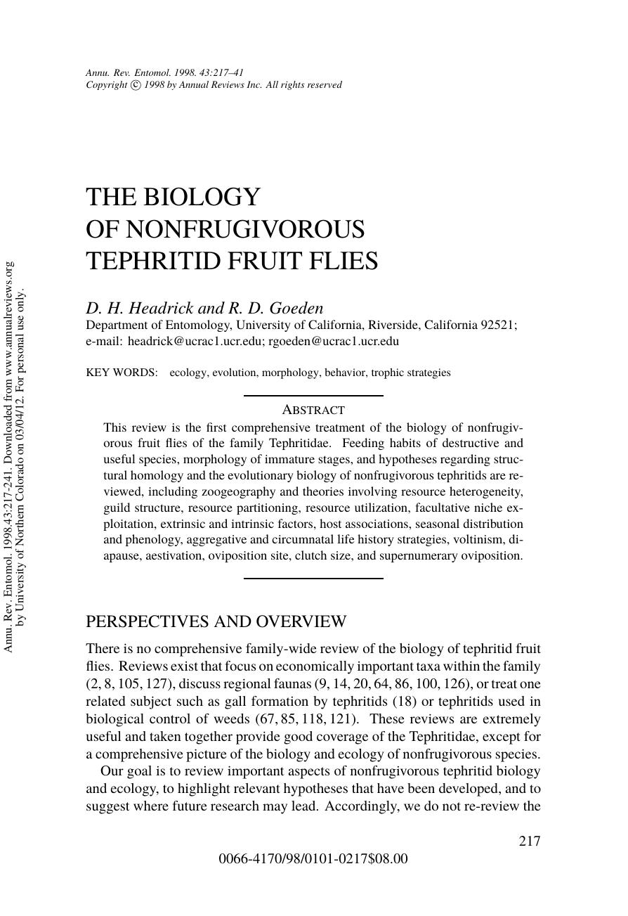 THE BIOLOGY OF NONFRUGIVOROUS TEPHRITID FRUIT FLIES by D. H. Headrick & R. D. Goeden