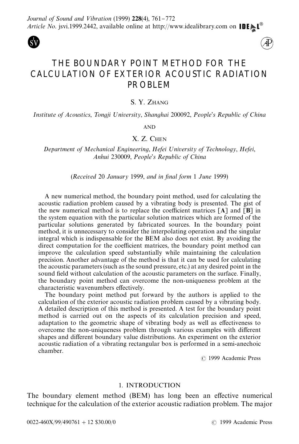 THE BOUNDARY POINT METHOD FOR THE CALCULATION OF EXTERIOR ACOUSTIC RADIATION PROBLEM by ZHANG S. Y. & CHEN X. Z