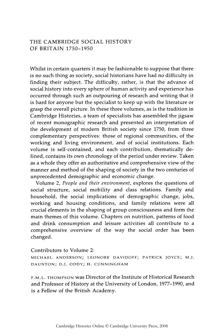 THE CAMBRIDGE SOCIAL HISTORY OF BRITAIN 1750-1950 - VOLUME 2: People and their environment by F.M.L.THOMPSON (edt)