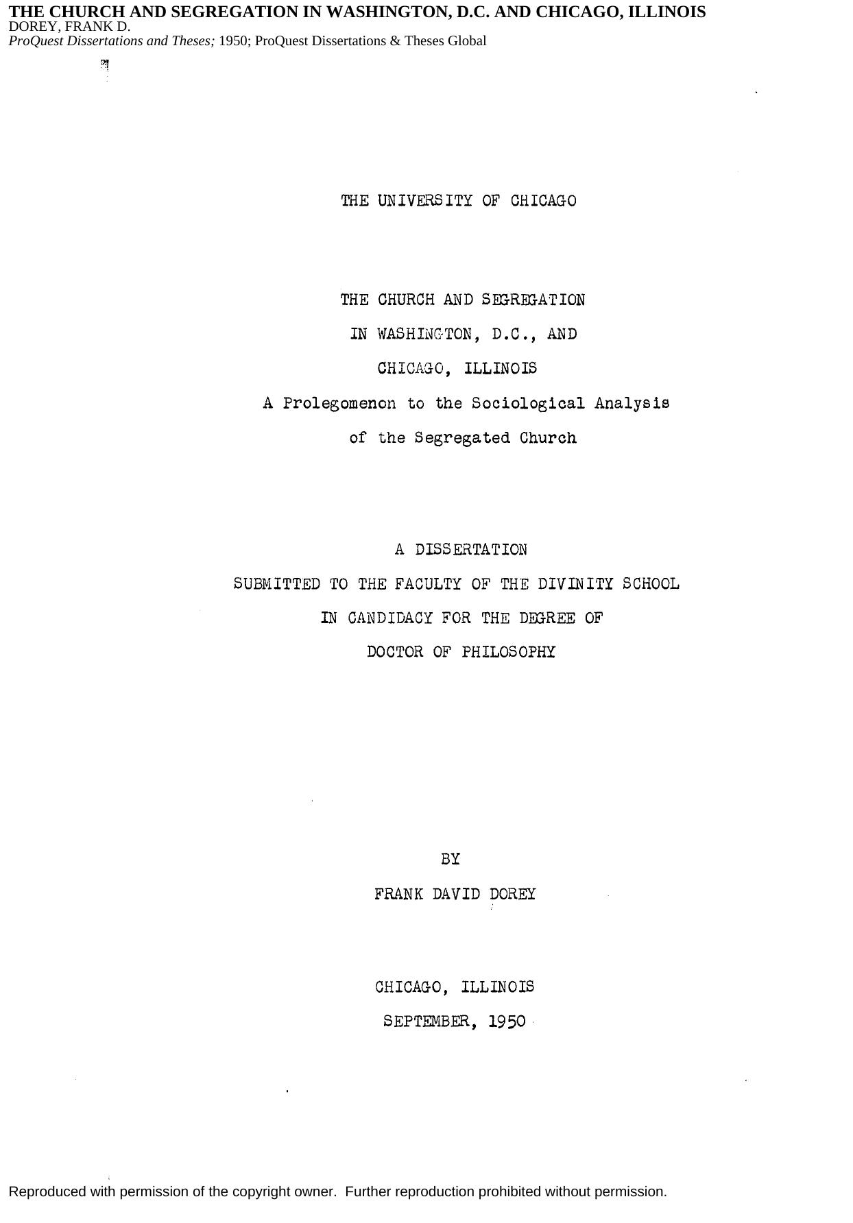 THE CHURCH AND SEGREGATION IN WASHINGTON, D.C. AND CHICAGO, ILLINOIS by DOREY FRANK D