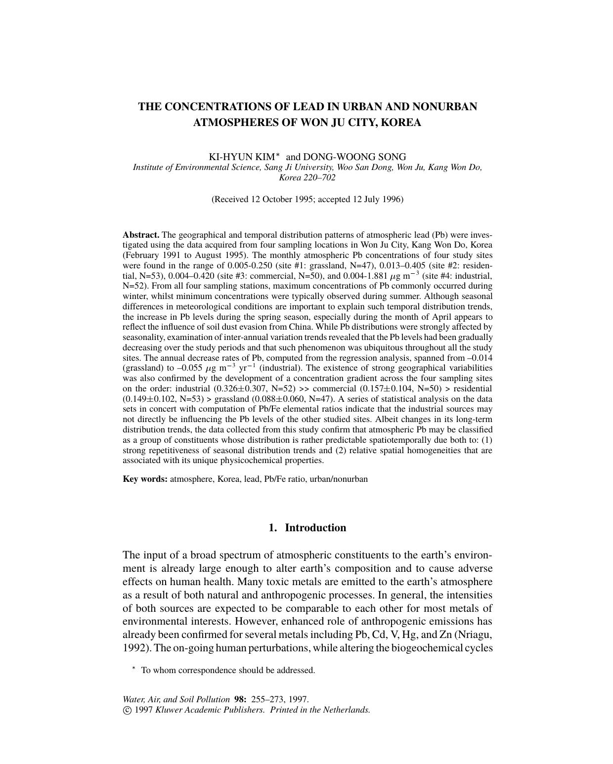 THE CONCENTRATIONS OF LEAD IN URBAN AND NONURBAN ATMOSPHERES OF WON JU CITY, KOREA by Unknown