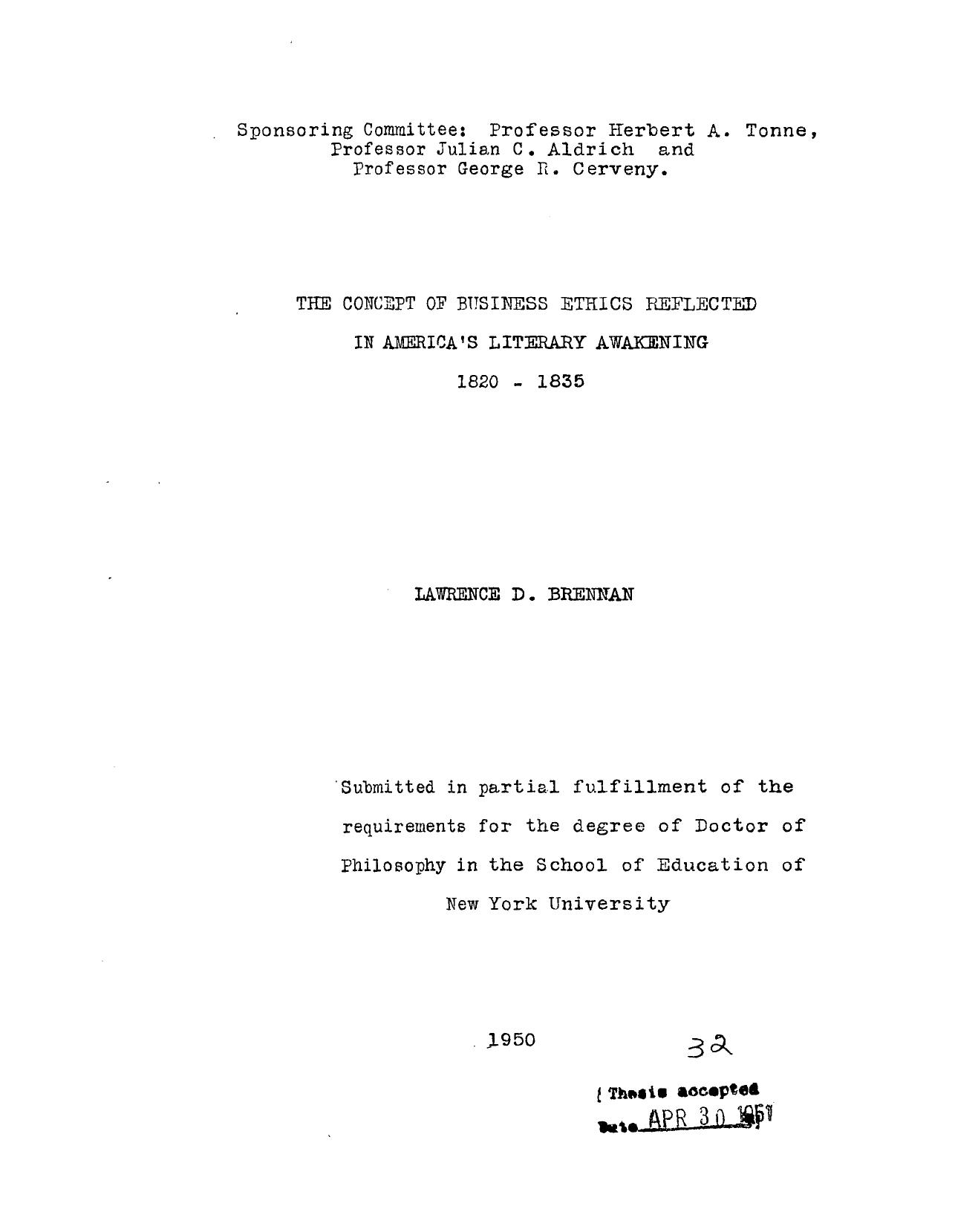 THE CONCEPT OF BUSINESS ETHICS REFLECTED IN AMERICAâS LITERARY AWAKENING,1820-1835 by BRENNAN LAWRENCE DAVID