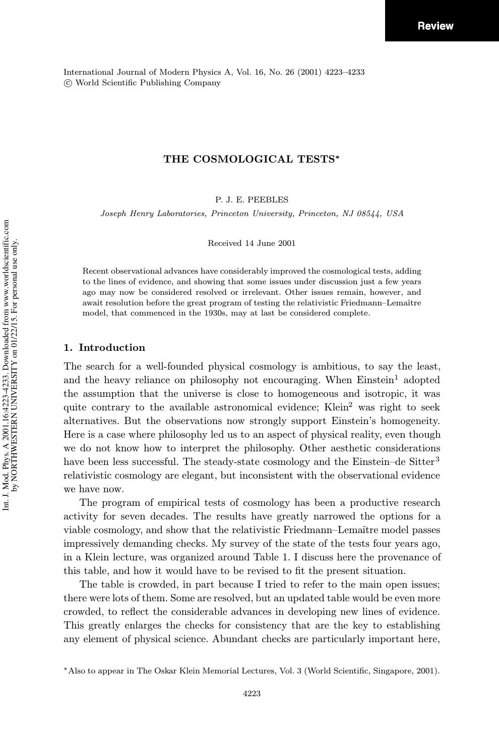 THE COSMOLOGICAL TESTS by P. J. E. PEEBLES