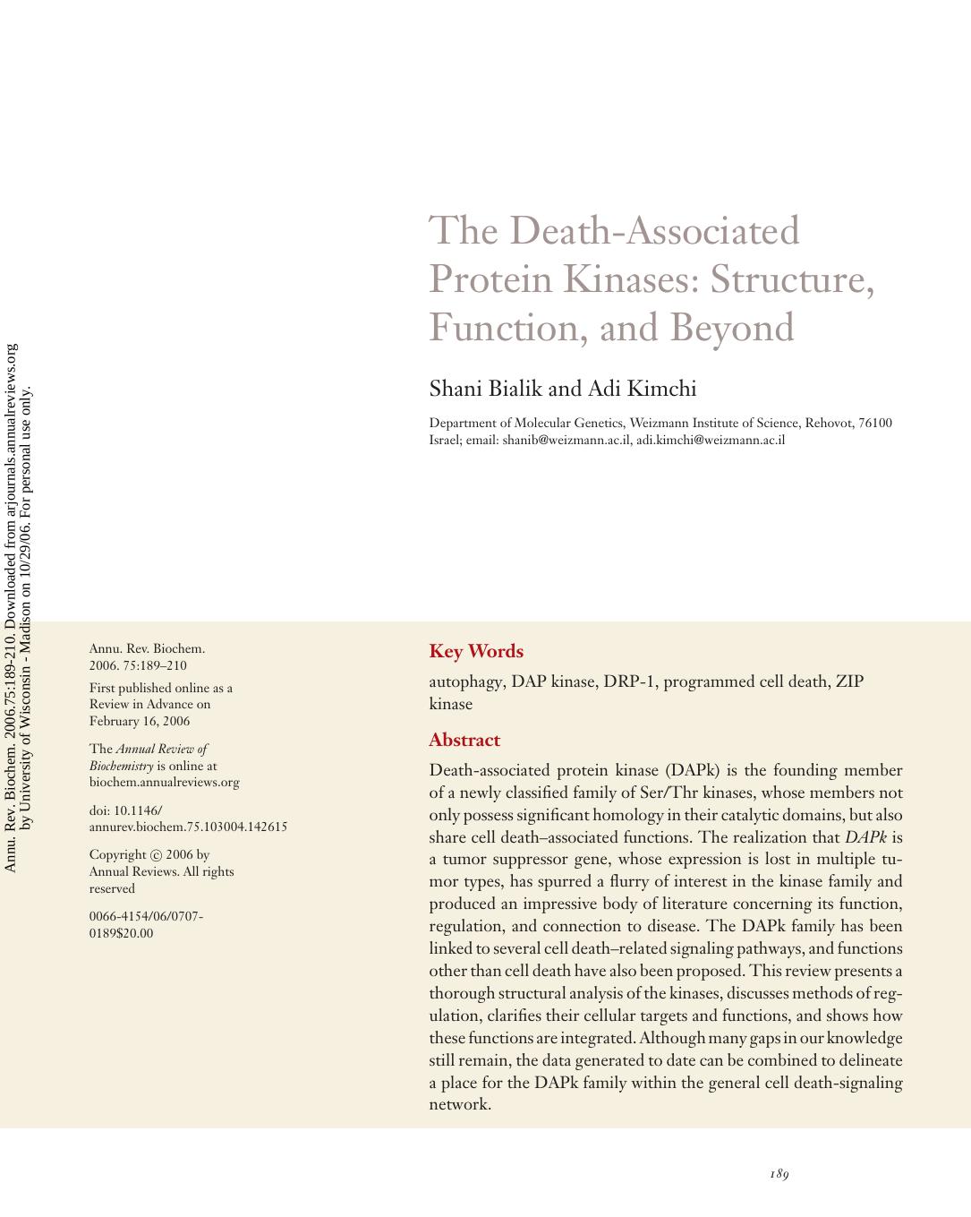 THE DEATH-ASSOCIATED PROTEIN KINASES: STRUCTURE, FUNCTION, AND BEYOND by Shani Bialik & Adi Kimchi