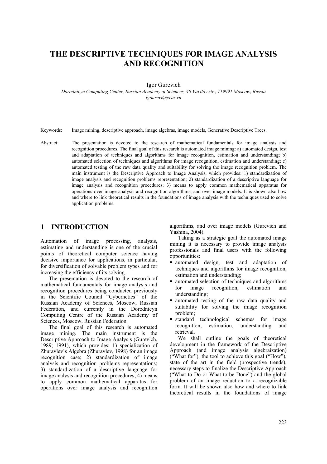 THE DESCRIPTIVE TECHNIQUES FOR IMAGE ANALYSIS AND RECOGNITION by Igor Gurevich