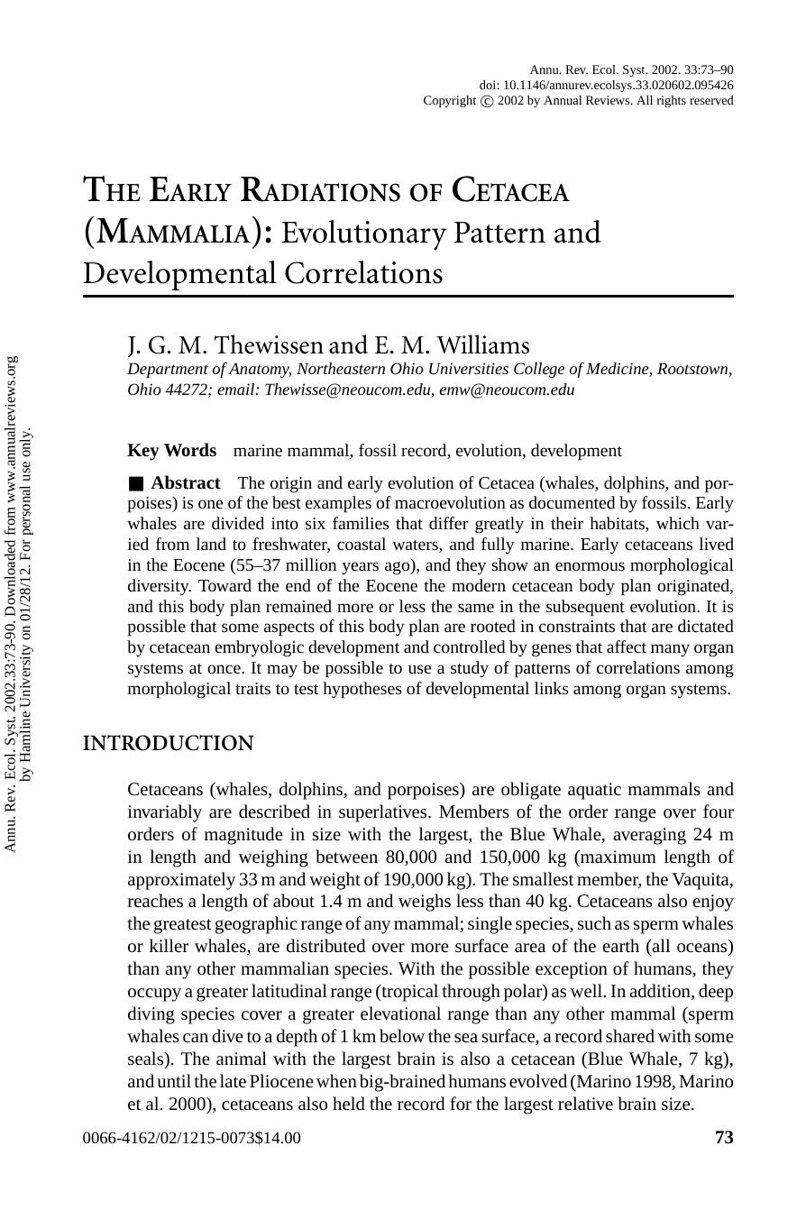 THE EARLY RADIATIONS OF CETACEA (MAMMALIA): Evolutionary Pattern and Developmental Correlations by J. G. M. Thewissen & E. M. Williams