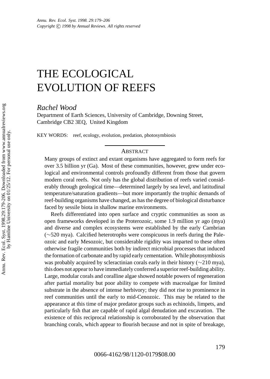 THE ECOLOGICAL EVOLUTION OF REEFS by Rachel Wood