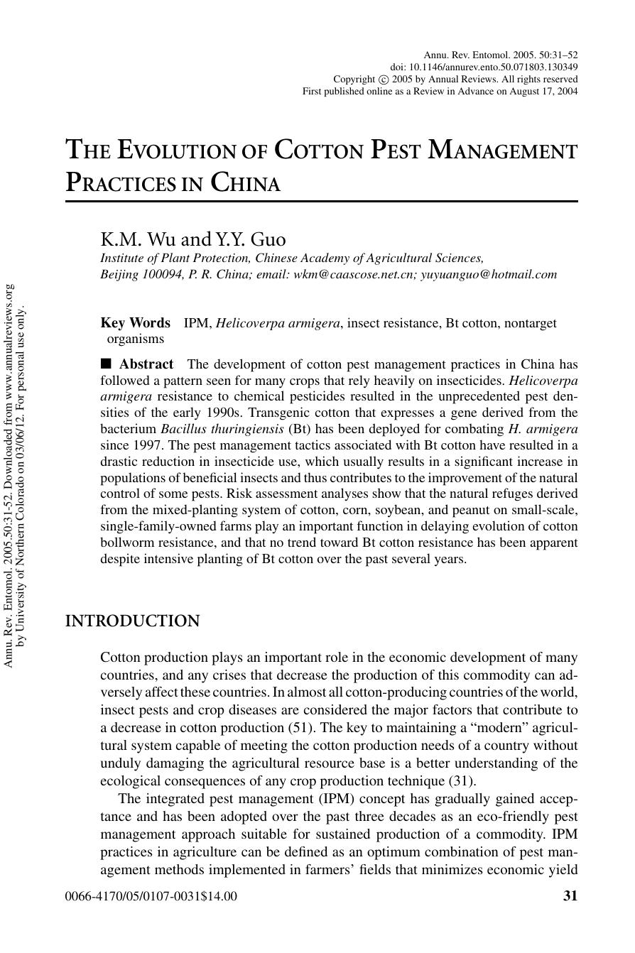 THE EVOLUTION OF COTTON PEST MANAGEMENT PRACTICES IN CHINA by K.M. Wu & Y.Y. Guo