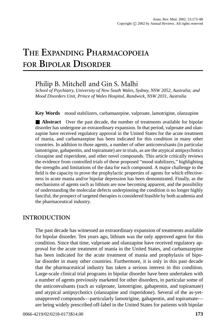THE EXPANDING PHARMACOPOEIA FOR BIPOLAR DISORDER by Philip B. Mitchell and Gin S. Malhi