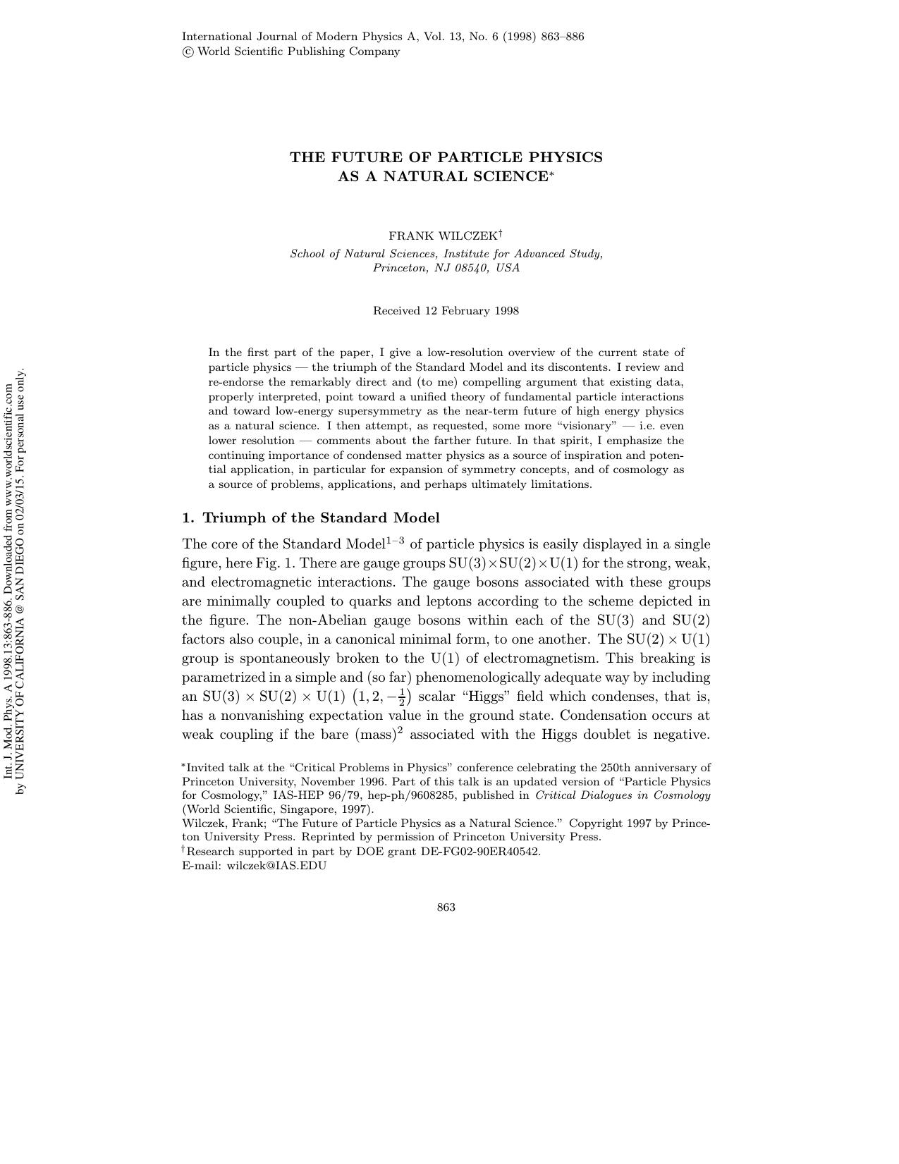 THE FUTURE OF PARTICLE PHYSICS AS A NATURAL SCIENCE by FRANK WILCZEK