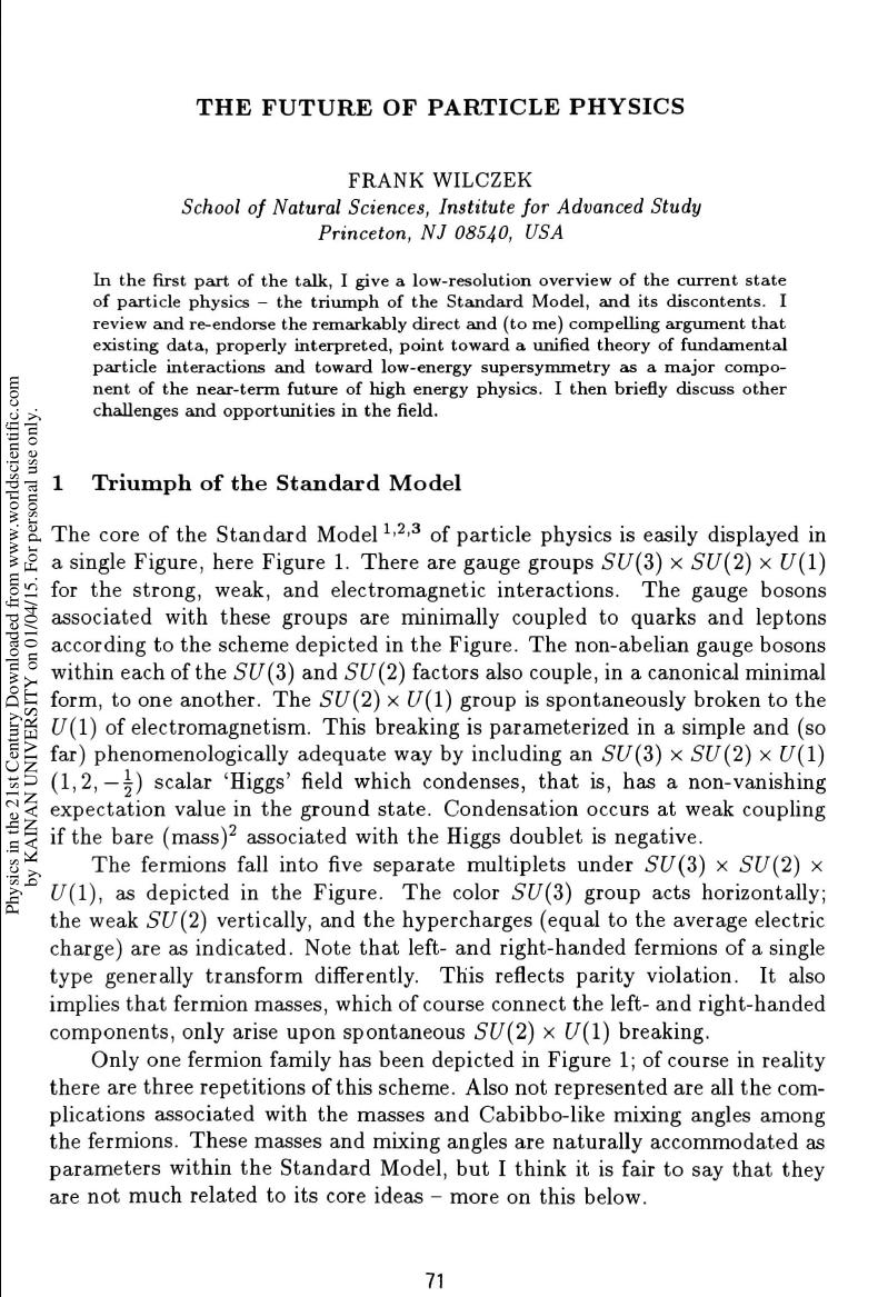 THE FUTURE OF PARTICLE PHYSICS by FRANK WILCZEK