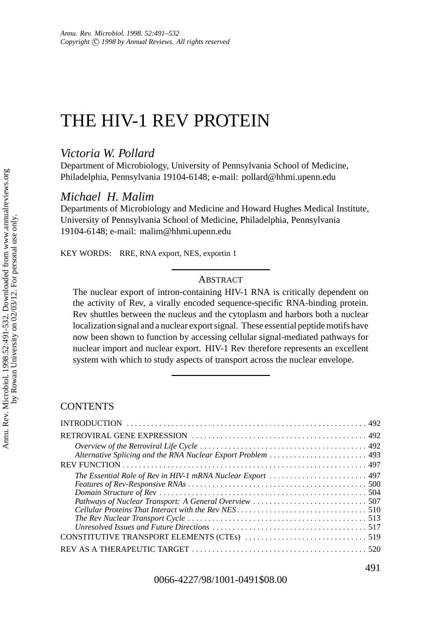THE HIV-1 REV PROTEIN by Victoria W. Pollard Michael H. Malim