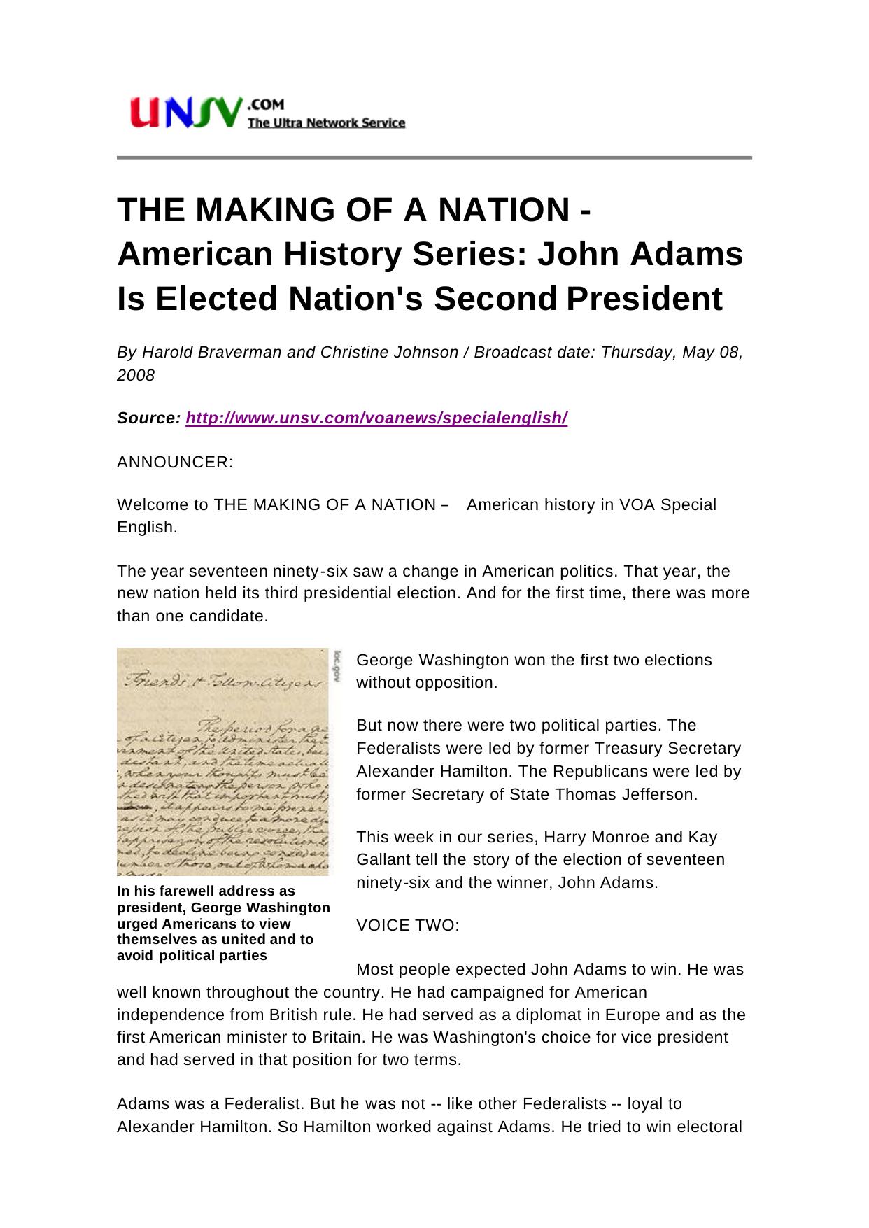 THE MAKING OF A NATION - American History Series: John Adams Is Elected Nation's Second President by Fan Jun